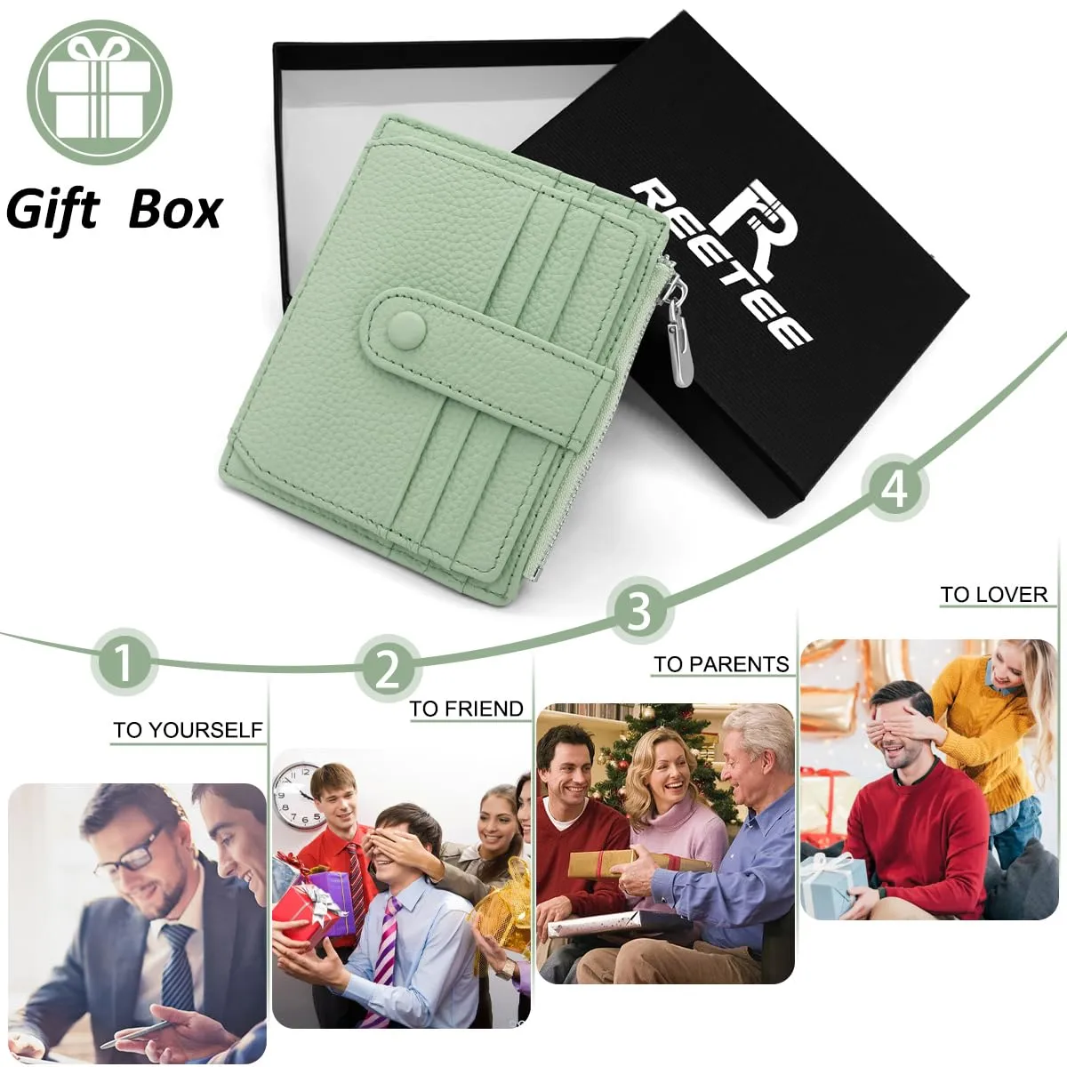 REETEE Porta Carte Credito Uomo e Donna RFID Blocco Portafoglio Sottile con Portamonete Vera Pelle Portacarte di Credito con Cerniera, Portacarte Uomo Slim con 14 Slot per Schede (verde chiaro) - immagine 7