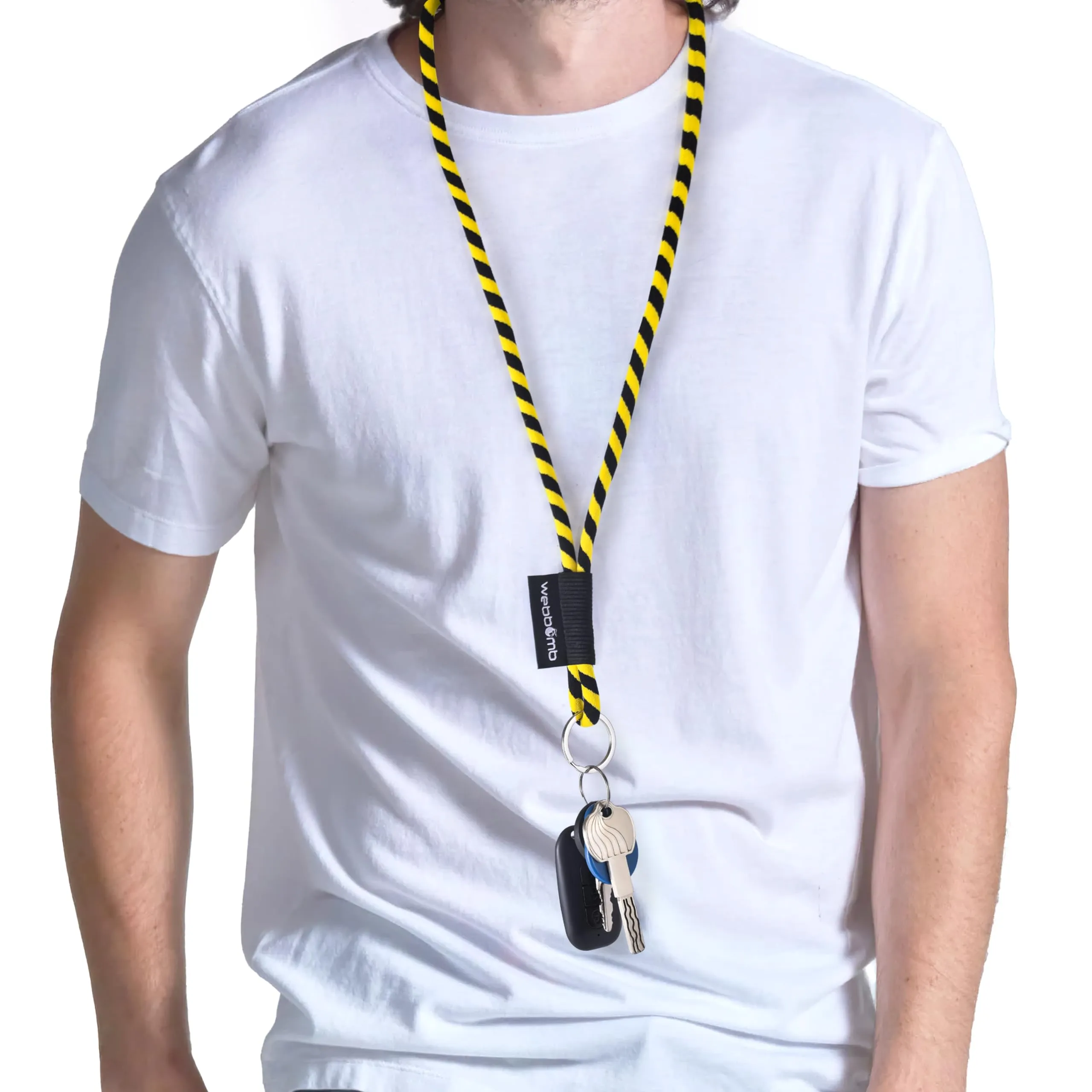 webbomb Tubular Lanyard - Cordino per chiavi, rotondo, morbido, lungo, con moschettone, chiusura di sicurezza e portachiavi, giallo / nero, 47 cm x 1 cm - immagine 2