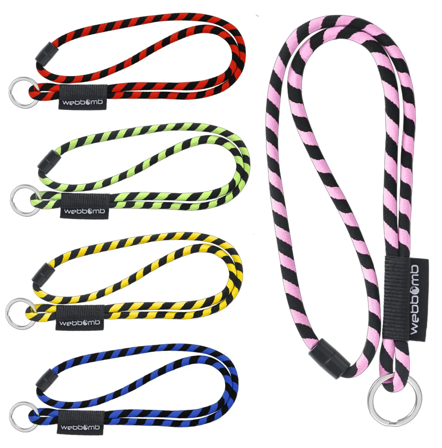 webbomb Tubular Lanyard - Cordino per chiavi, rotondo, morbido, lungo, con moschettone, chiusura di sicurezza e portachiavi, giallo / nero, 47 cm x 1 cm - immagine 6