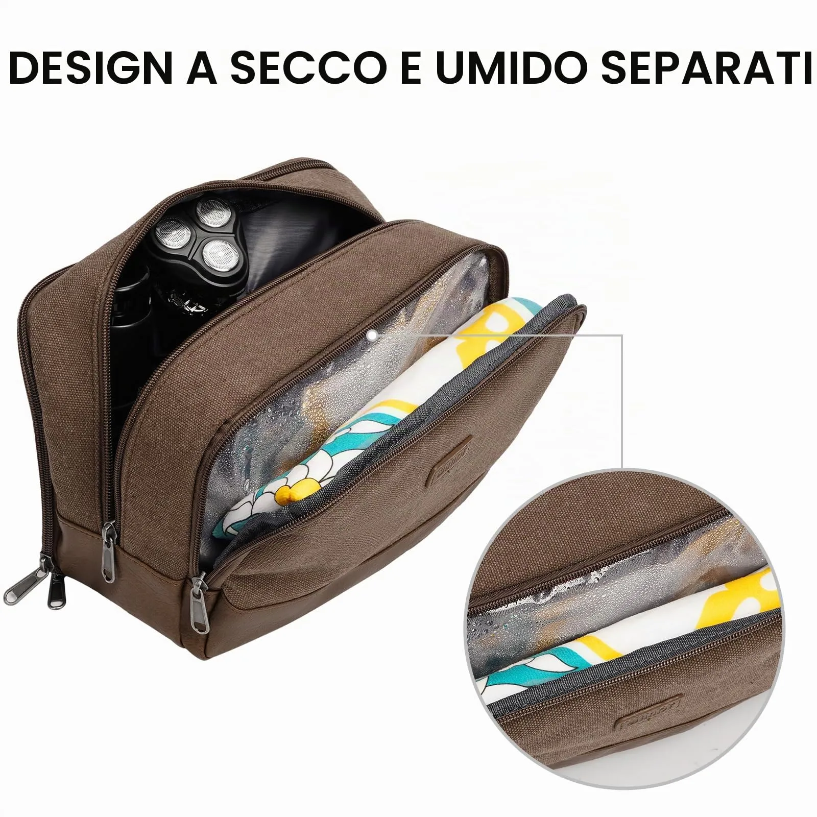 WANDF Beauty Case Uomo da Viaggio – Borsa da Toilette Impermeabile Organizer Capiente per Accessori da Barba e Igiene, con Manico Laterale (Marrone) - immagine 2
