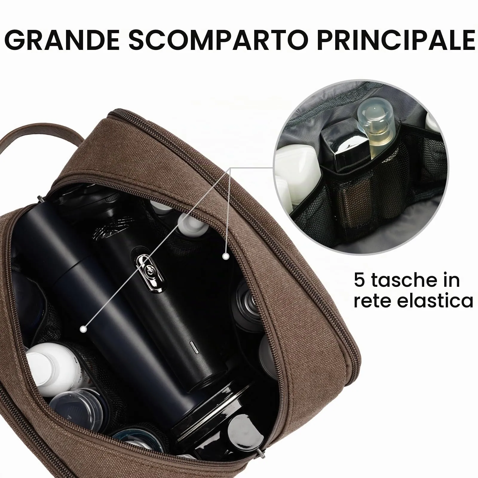 WANDF Beauty Case Uomo da Viaggio – Borsa da Toilette Impermeabile Organizer Capiente per Accessori da Barba e Igiene, con Manico Laterale (Marrone) - immagine 3