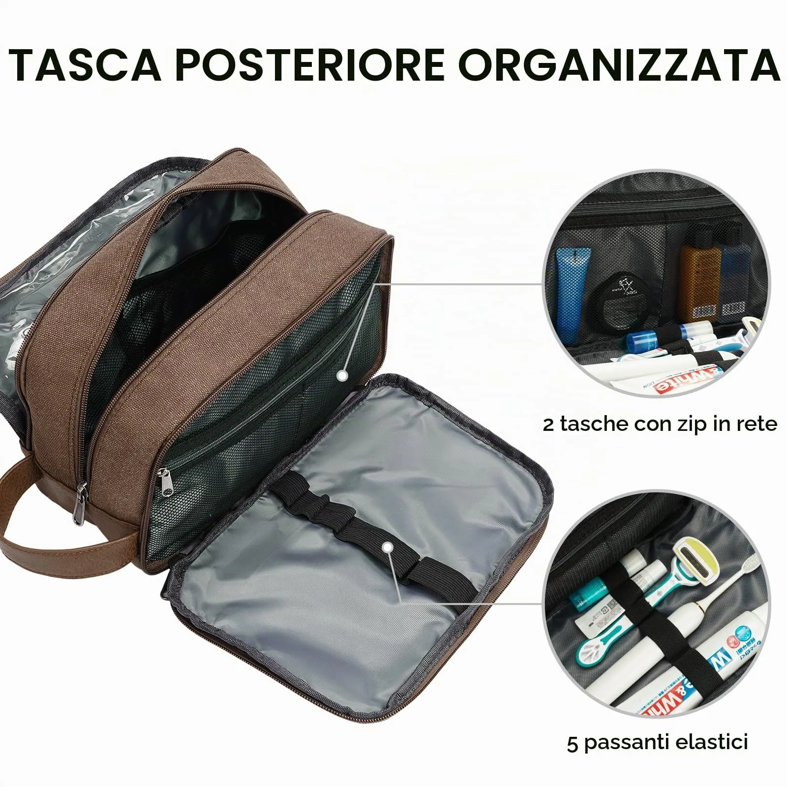 WANDF Beauty Case Uomo da Viaggio – Borsa da Toilette Impermeabile Organizer Capiente per Accessori da Barba e Igiene, con Manico Laterale (Marrone) - immagine 4