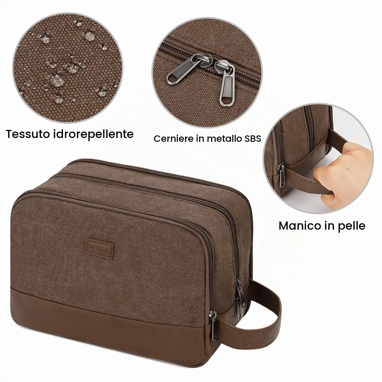 WANDF Beauty Case Uomo da Viaggio – Borsa da Toilette Impermeabile Organizer Capiente per Accessori da Barba e Igiene, con Manico Laterale (Marrone) - immagine 5