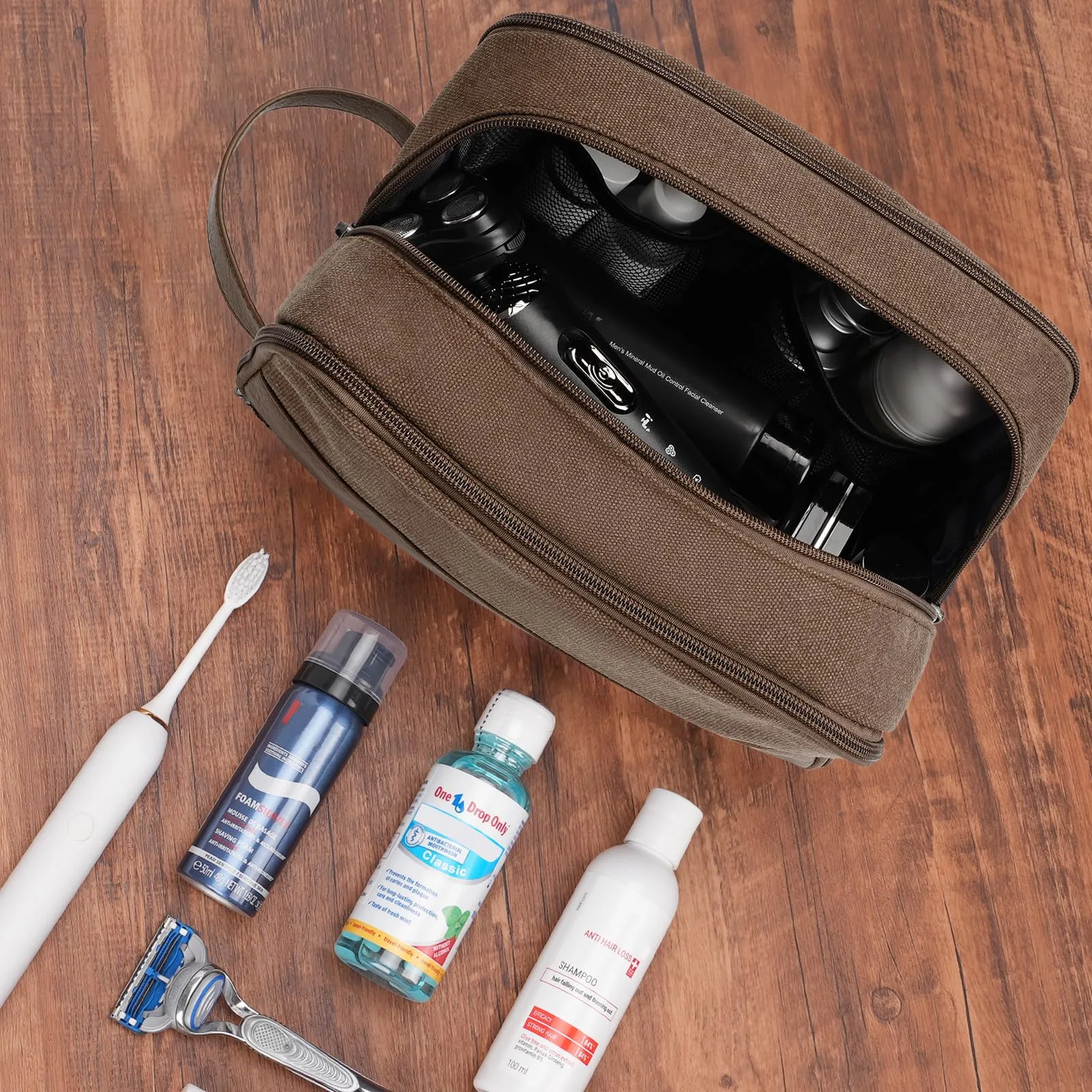 WANDF Beauty Case Uomo da Viaggio – Borsa da Toilette Impermeabile Organizer Capiente per Accessori da Barba e Igiene, con Manico Laterale (Marrone) - immagine 7