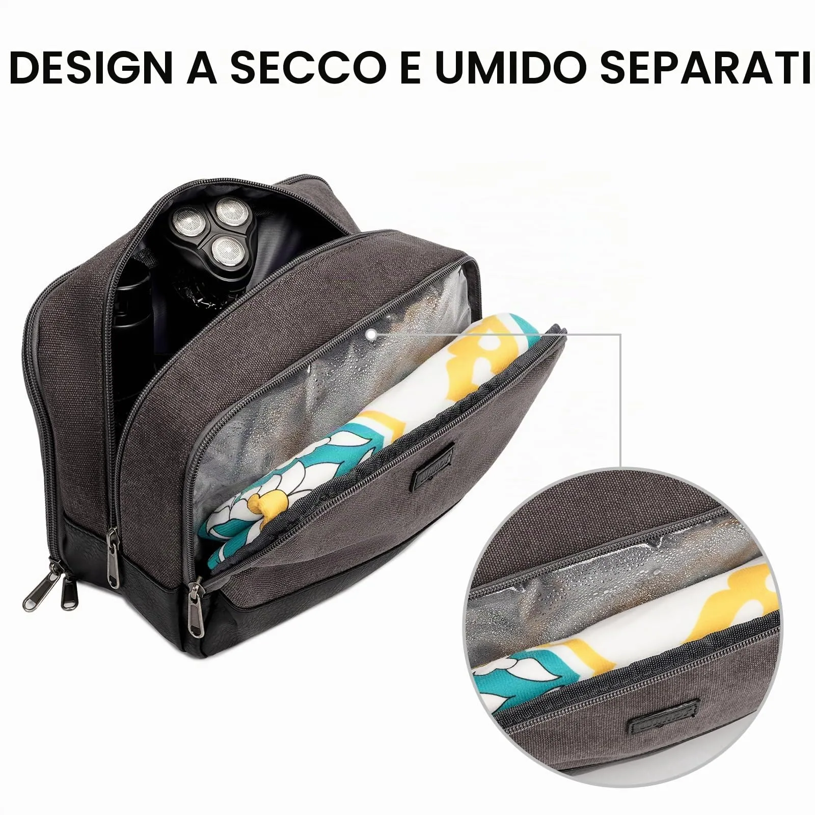 WANDF Beauty Case Uomo da Viaggio – Borsa da Toilette Impermeabile Organizer Capiente per Accessori da Barba e Igiene, con Manico Laterale (Grigio Scuro) - immagine 2