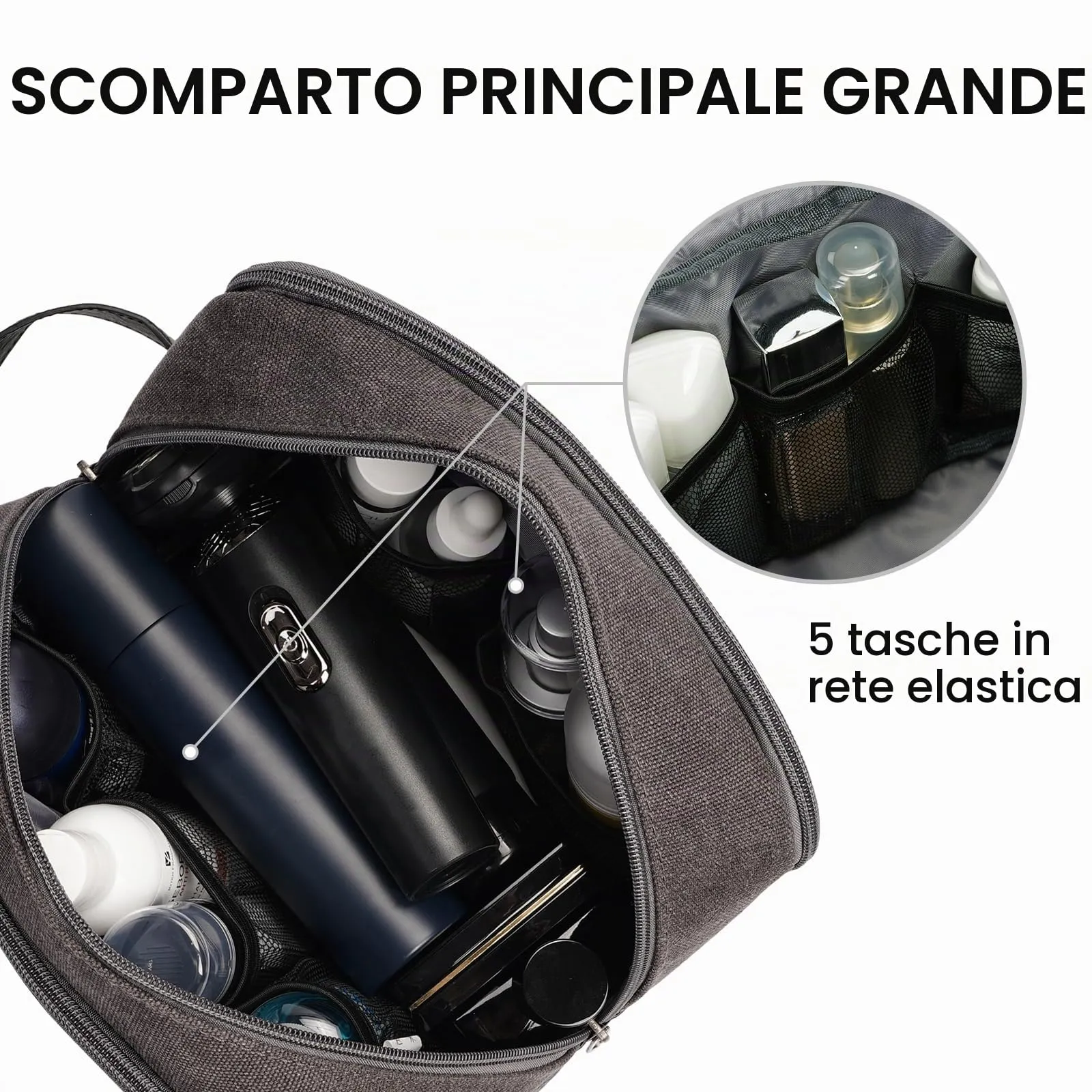 WANDF Beauty Case Uomo da Viaggio – Borsa da Toilette Impermeabile Organizer Capiente per Accessori da Barba e Igiene, con Manico Laterale (Grigio Scuro) - immagine 3