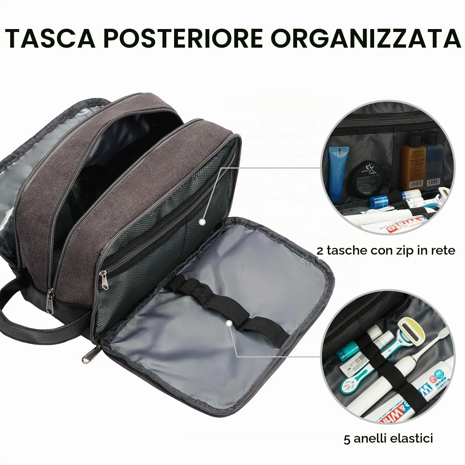 WANDF Beauty Case Uomo da Viaggio – Borsa da Toilette Impermeabile Organizer Capiente per Accessori da Barba e Igiene, con Manico Laterale (Grigio Scuro) - immagine 4