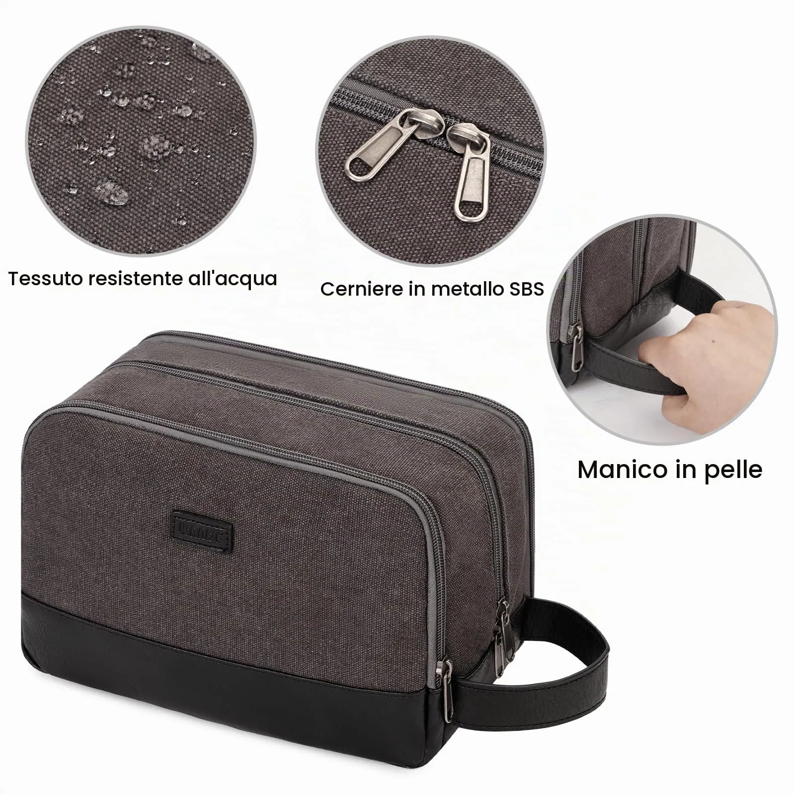 WANDF Beauty Case Uomo da Viaggio – Borsa da Toilette Impermeabile Organizer Capiente per Accessori da Barba e Igiene, con Manico Laterale (Grigio Scuro) - immagine 5