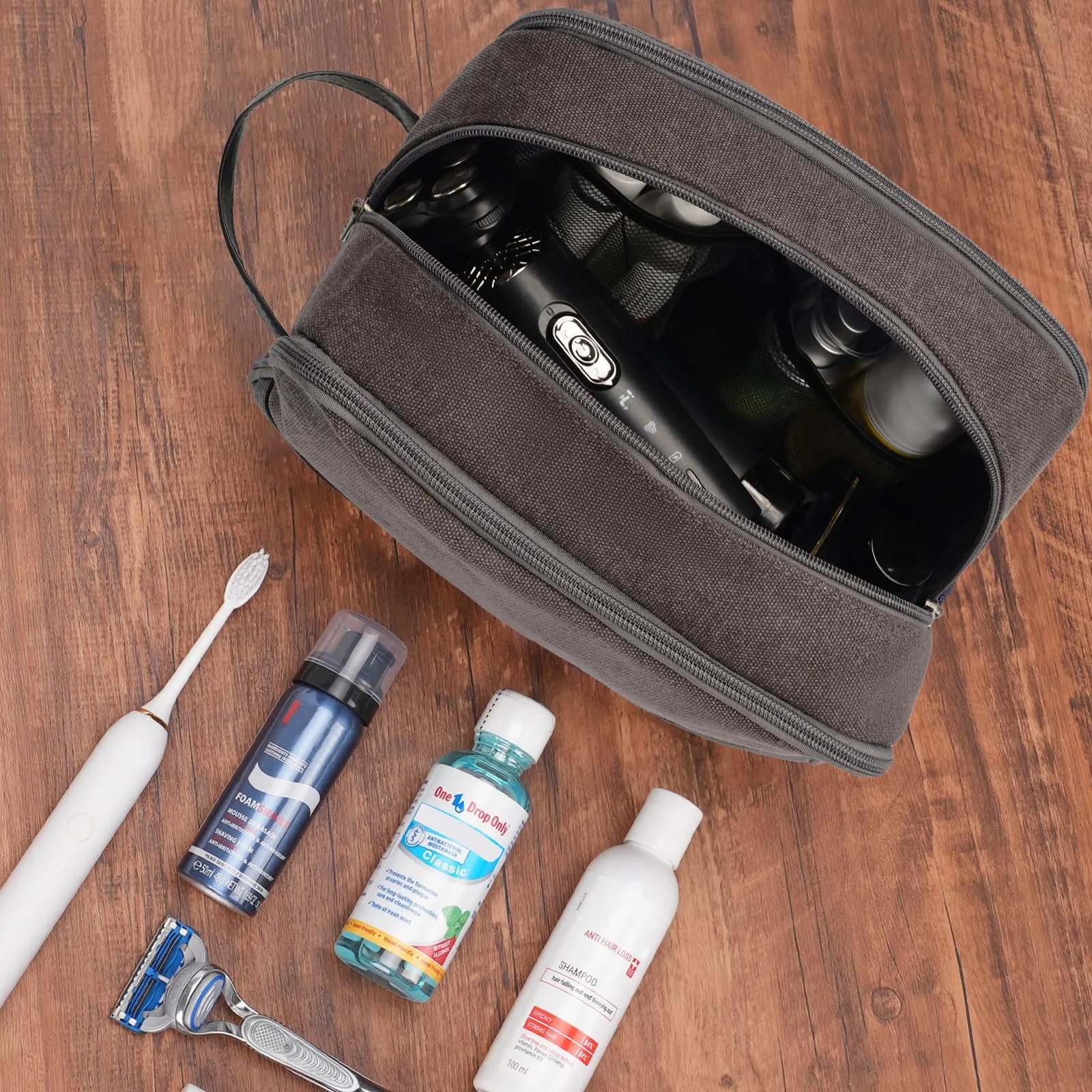 WANDF Beauty Case Uomo da Viaggio – Borsa da Toilette Impermeabile Organizer Capiente per Accessori da Barba e Igiene, con Manico Laterale (Grigio Scuro) - immagine 7