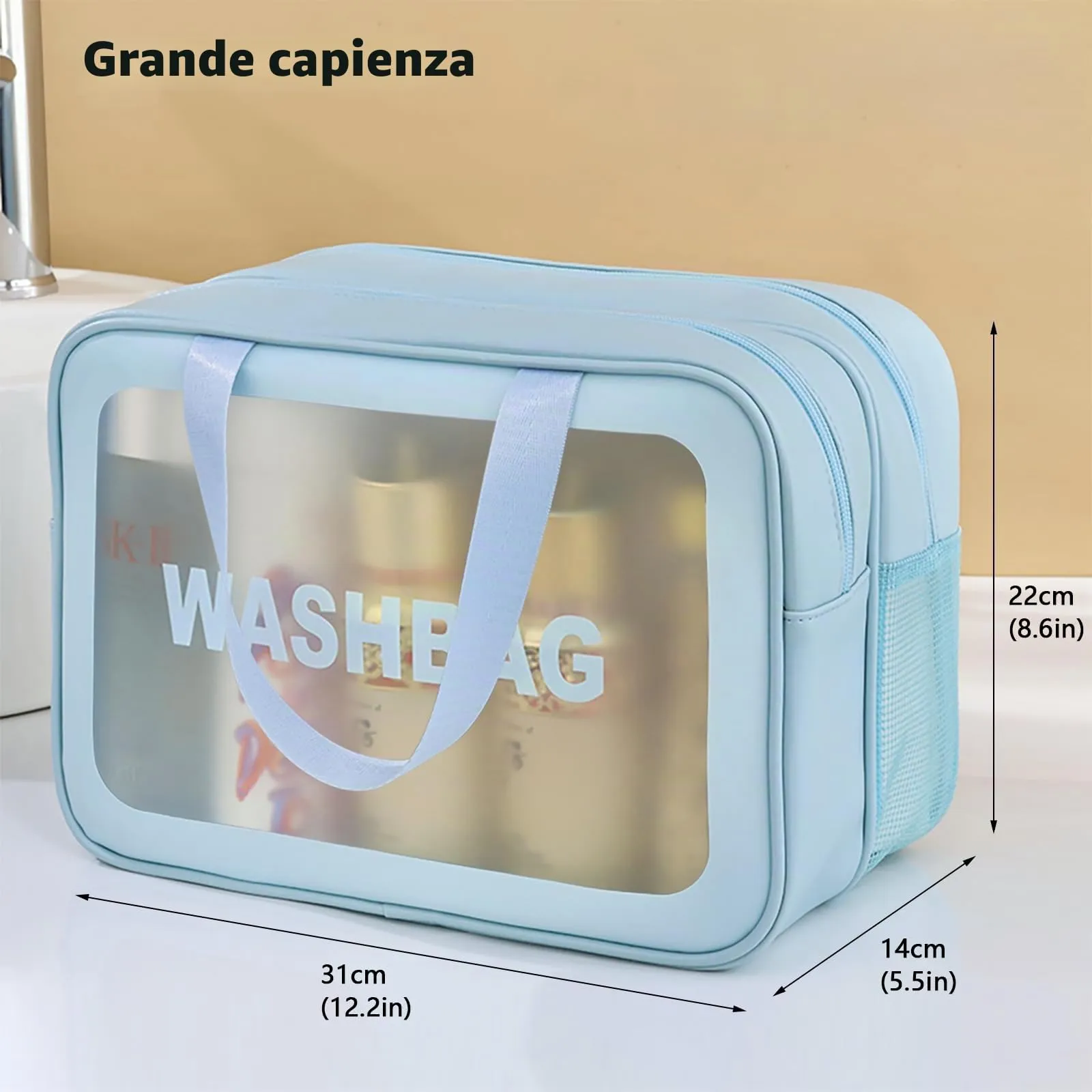 SZDPC Borsa da Toilette Grande per Donne e Uomini, Wash Bag da Viaggio con Maniglia per il Trasporto, Borsa da Doccia Portatile con Doppio Scomparto - immagine 4