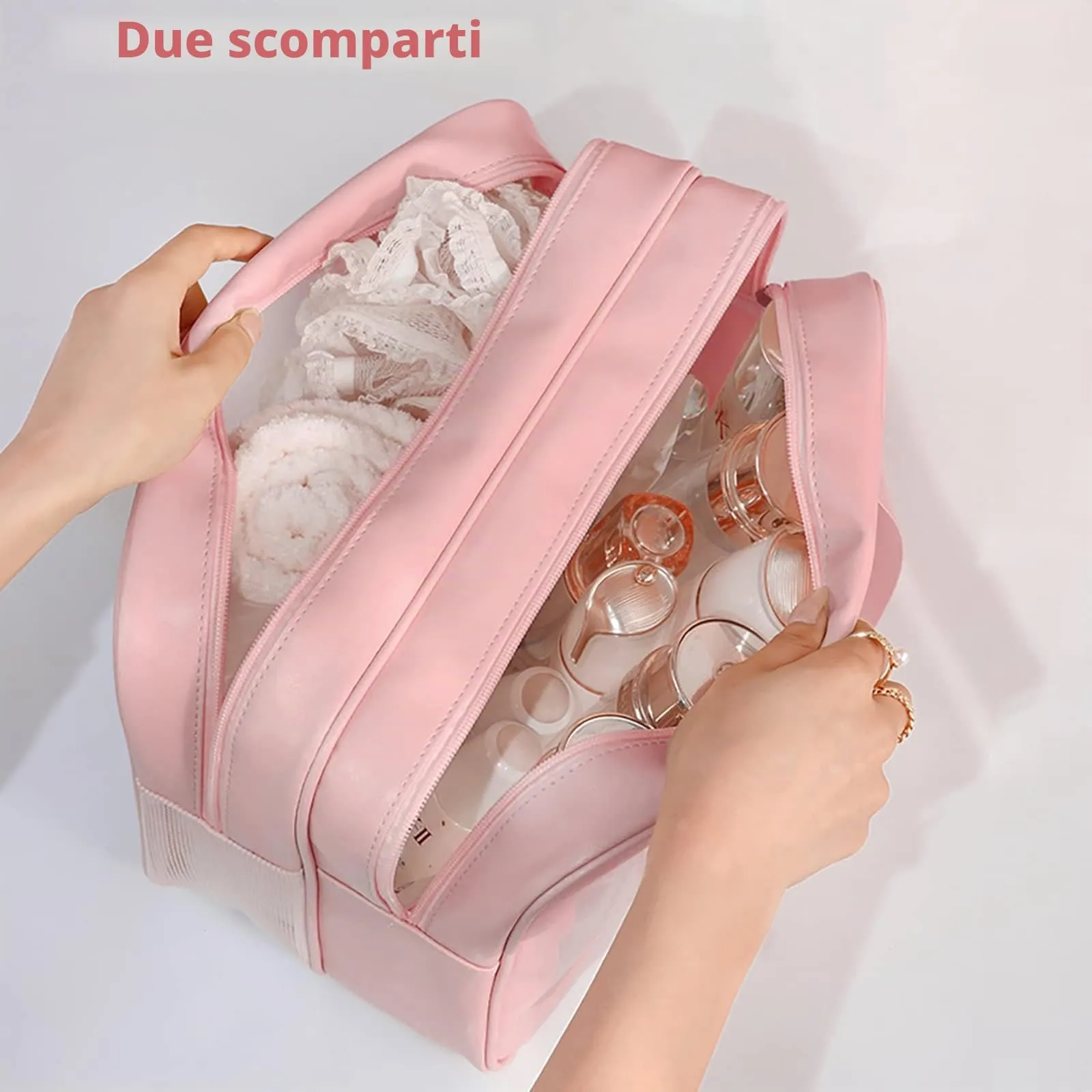 SZDPC Borsa da Toilette Grande per Donne, Wash Bag da Viaggio con Maniglia per il Trasporto, Borsa da Doccia Portatile con Doppio Scomparto - immagine 2