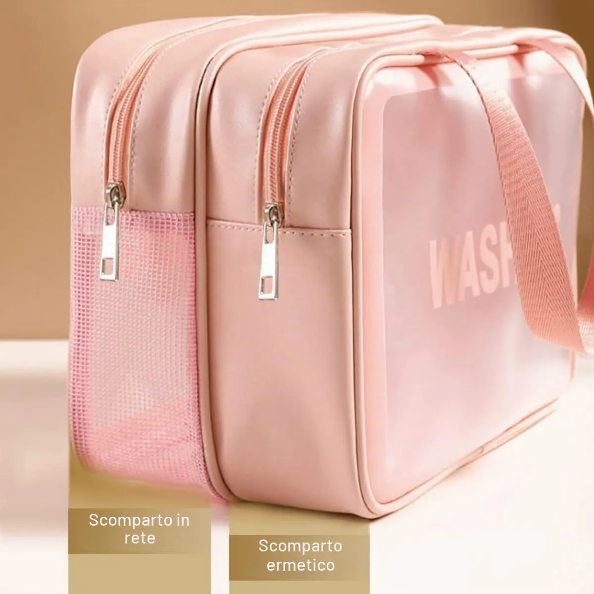 SZDPC Borsa da Toilette Grande per Donne, Wash Bag da Viaggio con Maniglia per il Trasporto, Borsa da Doccia Portatile con Doppio Scomparto - immagine 3
