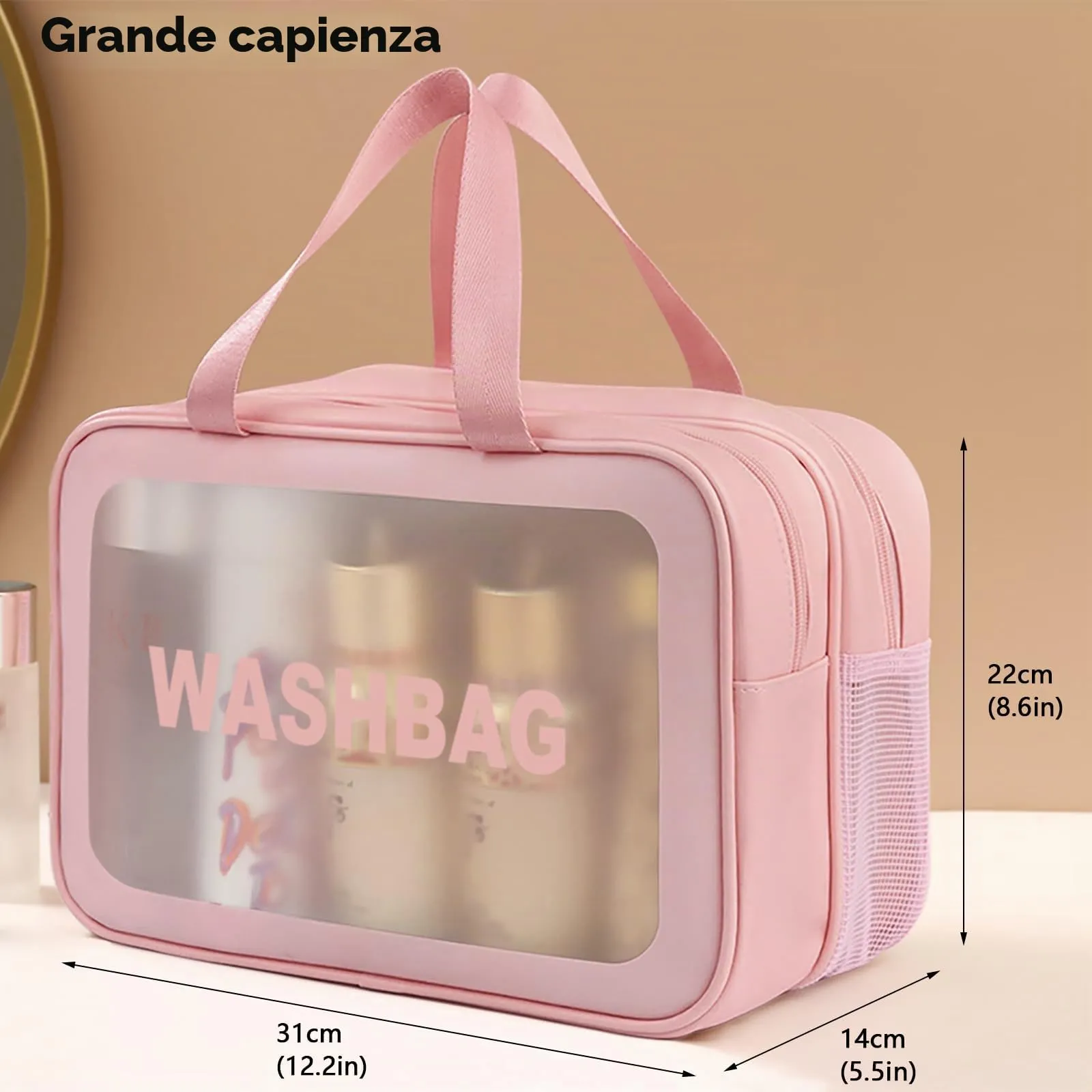 SZDPC Borsa da Toilette Grande per Donne, Wash Bag da Viaggio con Maniglia per il Trasporto, Borsa da Doccia Portatile con Doppio Scomparto - immagine 4