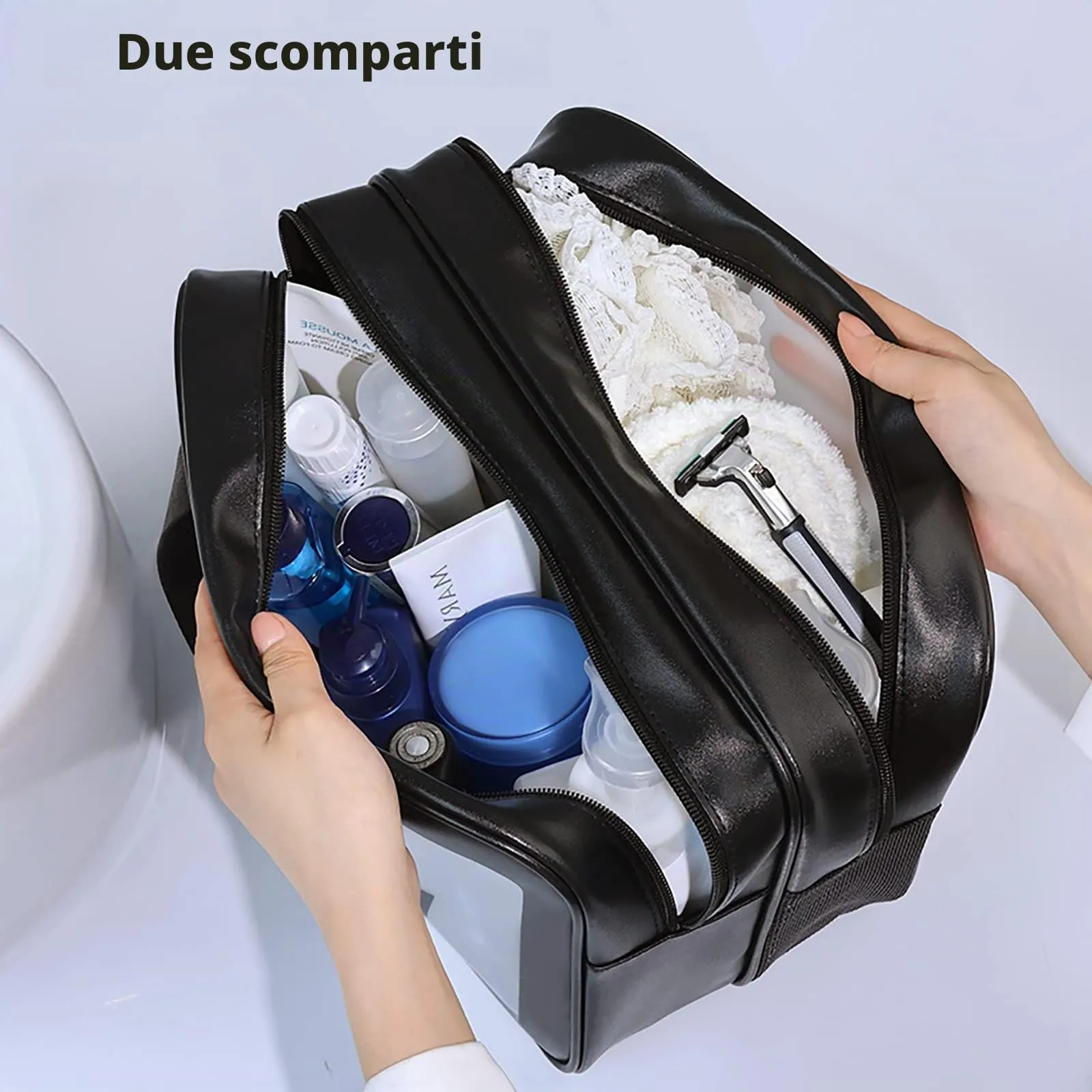 SZDPC Borsa da Toilette Grande per Donne e Uomini, Wash Bag da Viaggio con Maniglia per il Trasporto, Borsa da Doccia Portatile con Doppio Scomparto - immagine 2
