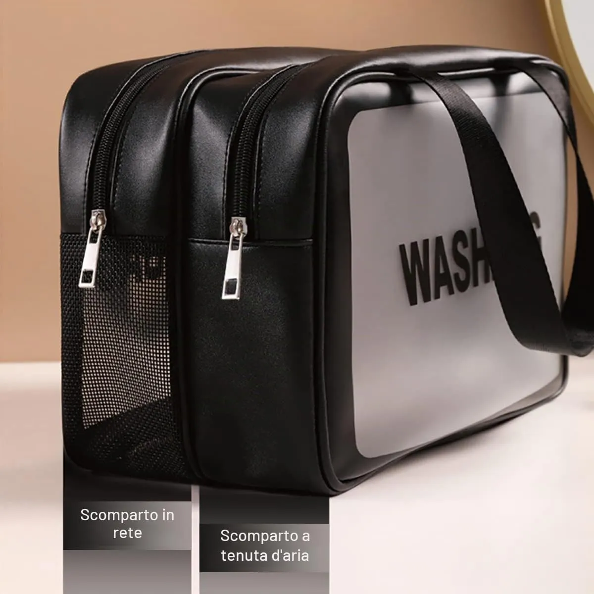 SZDPC Borsa da Toilette Grande per Donne e Uomini, Wash Bag da Viaggio con Maniglia per il Trasporto, Borsa da Doccia Portatile con Doppio Scomparto - immagine 3