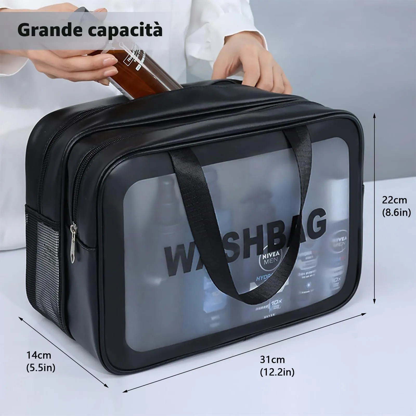 SZDPC Borsa da Toilette Grande per Donne e Uomini, Wash Bag da Viaggio con Maniglia per il Trasporto, Borsa da Doccia Portatile con Doppio Scomparto - immagine 4