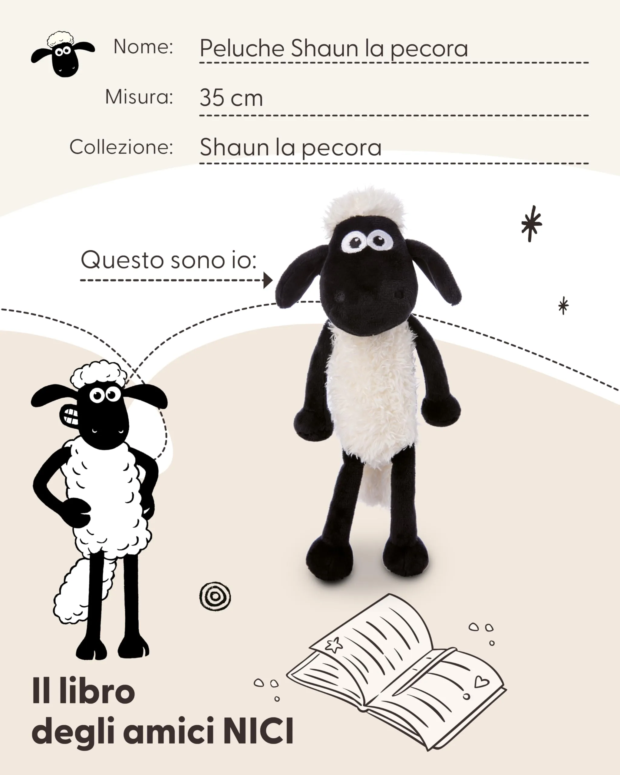 NICI peluche Shaun la pecora 35cm bianco - Simpatico peluchetto con imbottitura morbida per giochi e coccole, Doudou, perfetto come idea regalo per bambini e adulti - 49185 - immagine 6