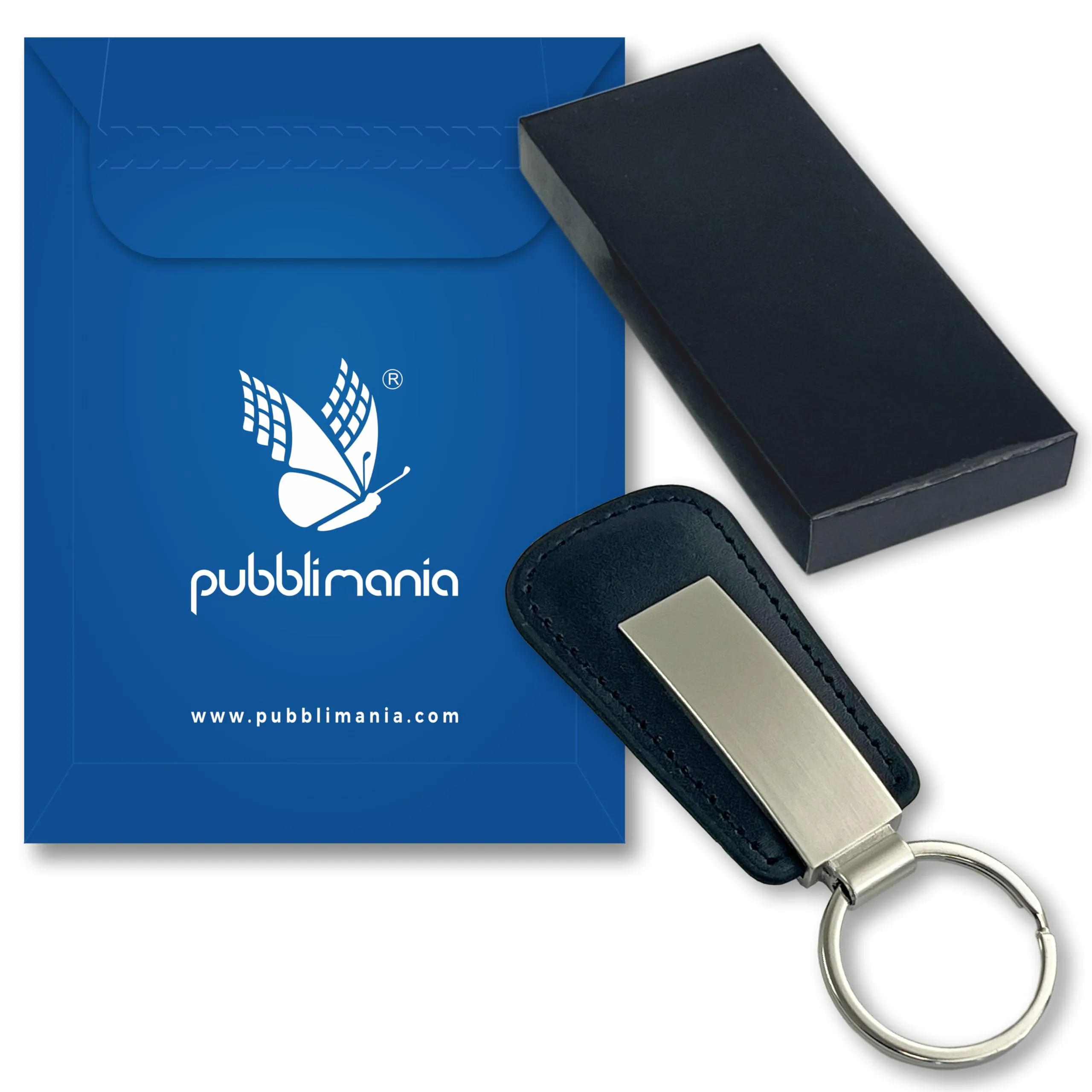 pubblimania Portachiavi in ecopelle elegante con inserto acciaio completo di anello e scatolina regalo. Leggero e molto resistente (Nero Acciaio) - immagine 5