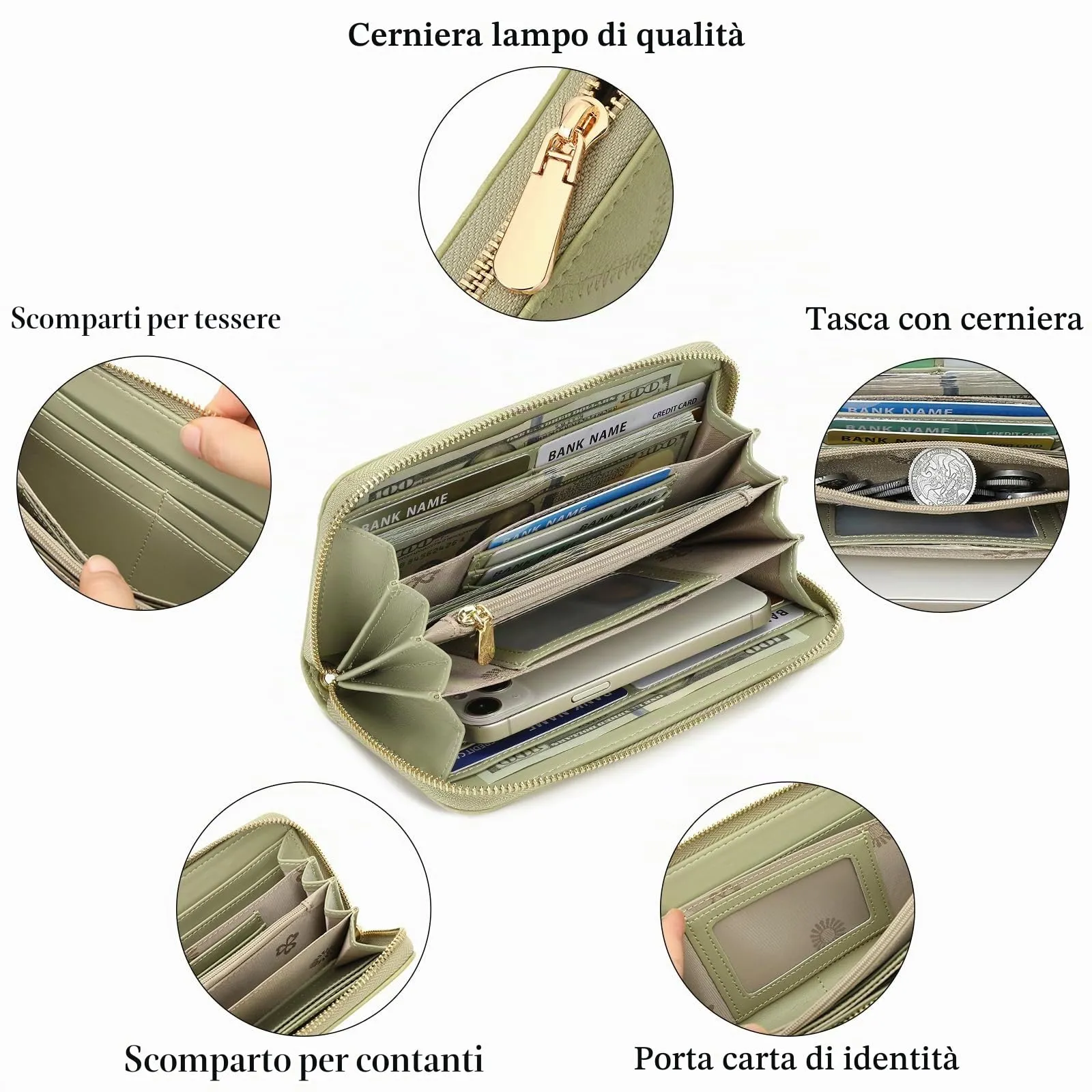 SENDEFN Portafoglio Donna Grande Capacità Pelle RFID Portamonete,con 20 Titolari di Carta Cerniera Portafoglio Donna - immagine 3