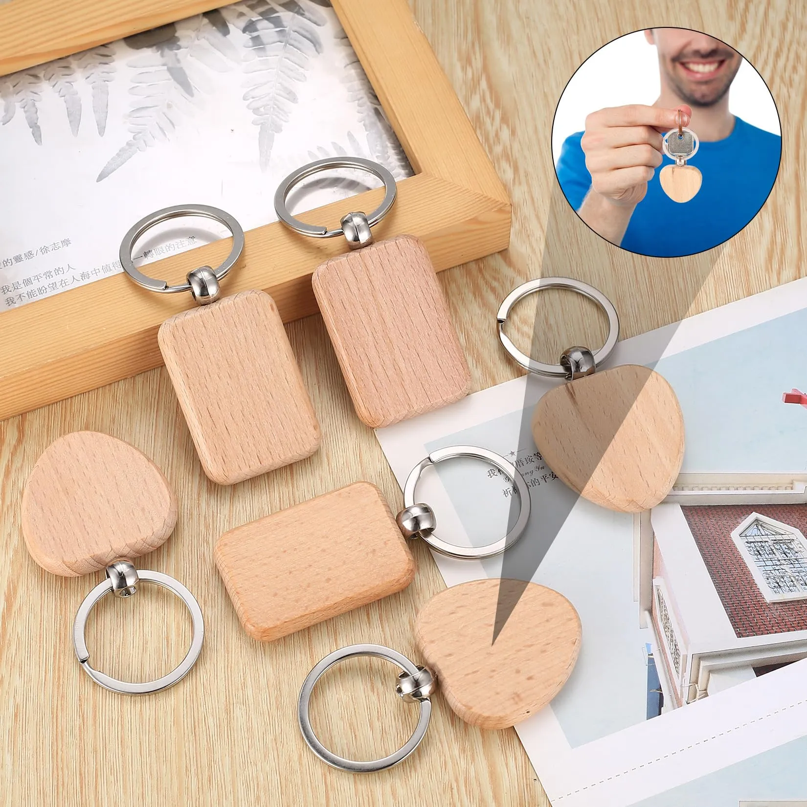 25 Pz Portachiavi in Legno a Forma di Cuore, per Decorazioni Fai-da-Te - immagine 6