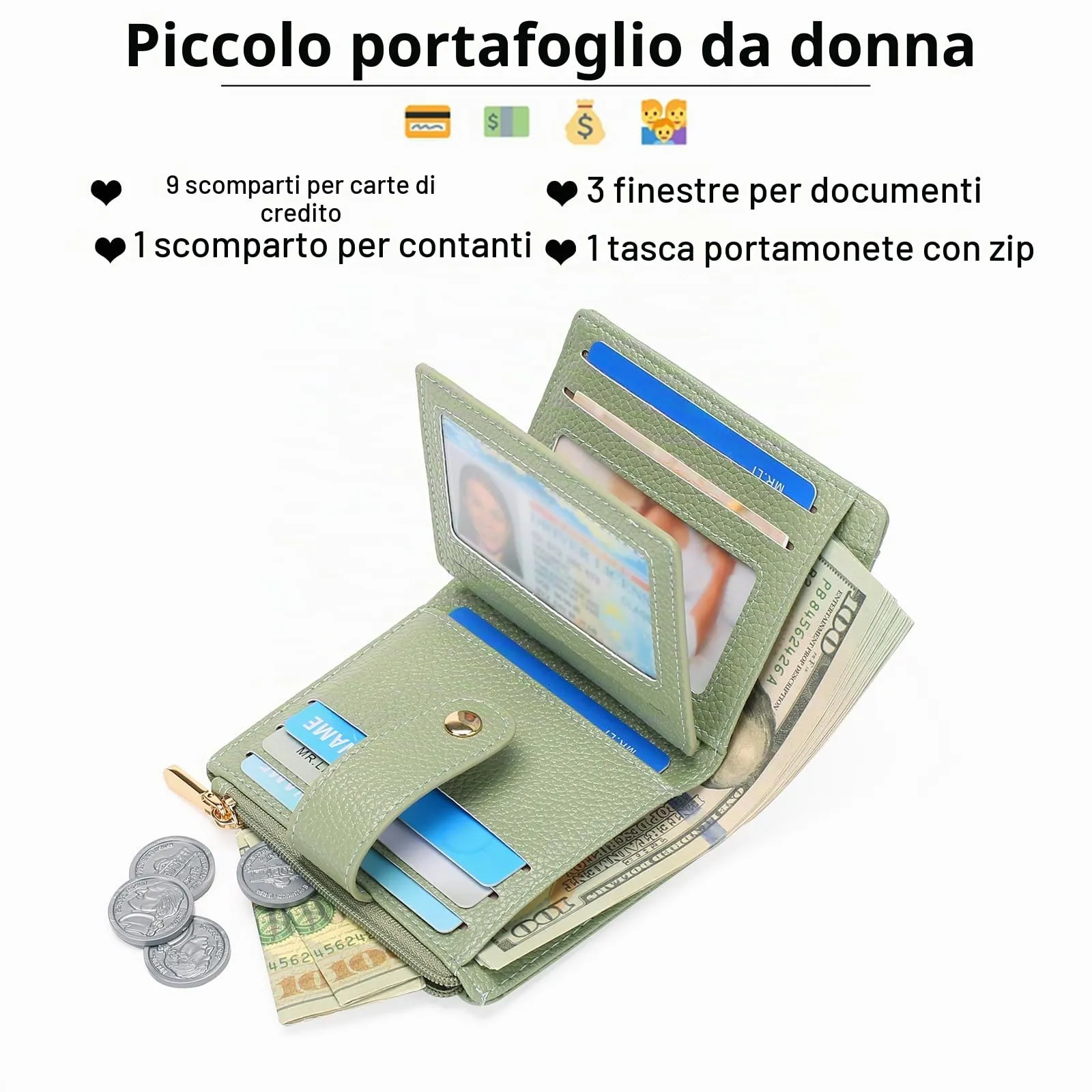 GOIACII Portafoglio Donna Piccolo in Pelle, RFID Blocco Portamonete Donna Sottile Porta Carte di Credito con 9 Scomparti per Carte e 3 Finestra di Identificazione - immagine 2