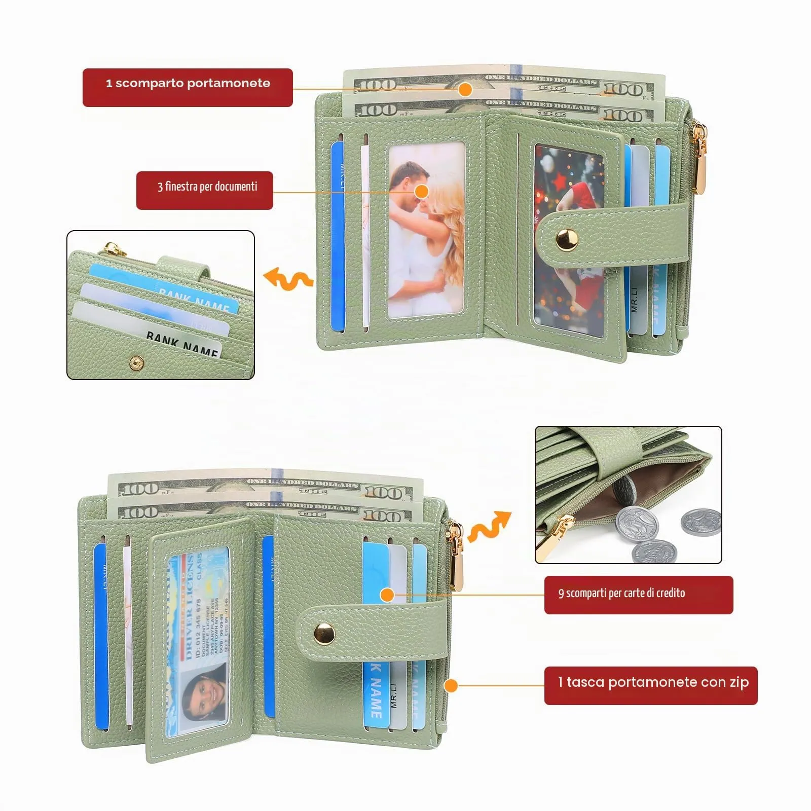 GOIACII Portafoglio Donna Piccolo in Pelle, RFID Blocco Portamonete Donna Sottile Porta Carte di Credito con 9 Scomparti per Carte e 3 Finestra di Identificazione - immagine 6