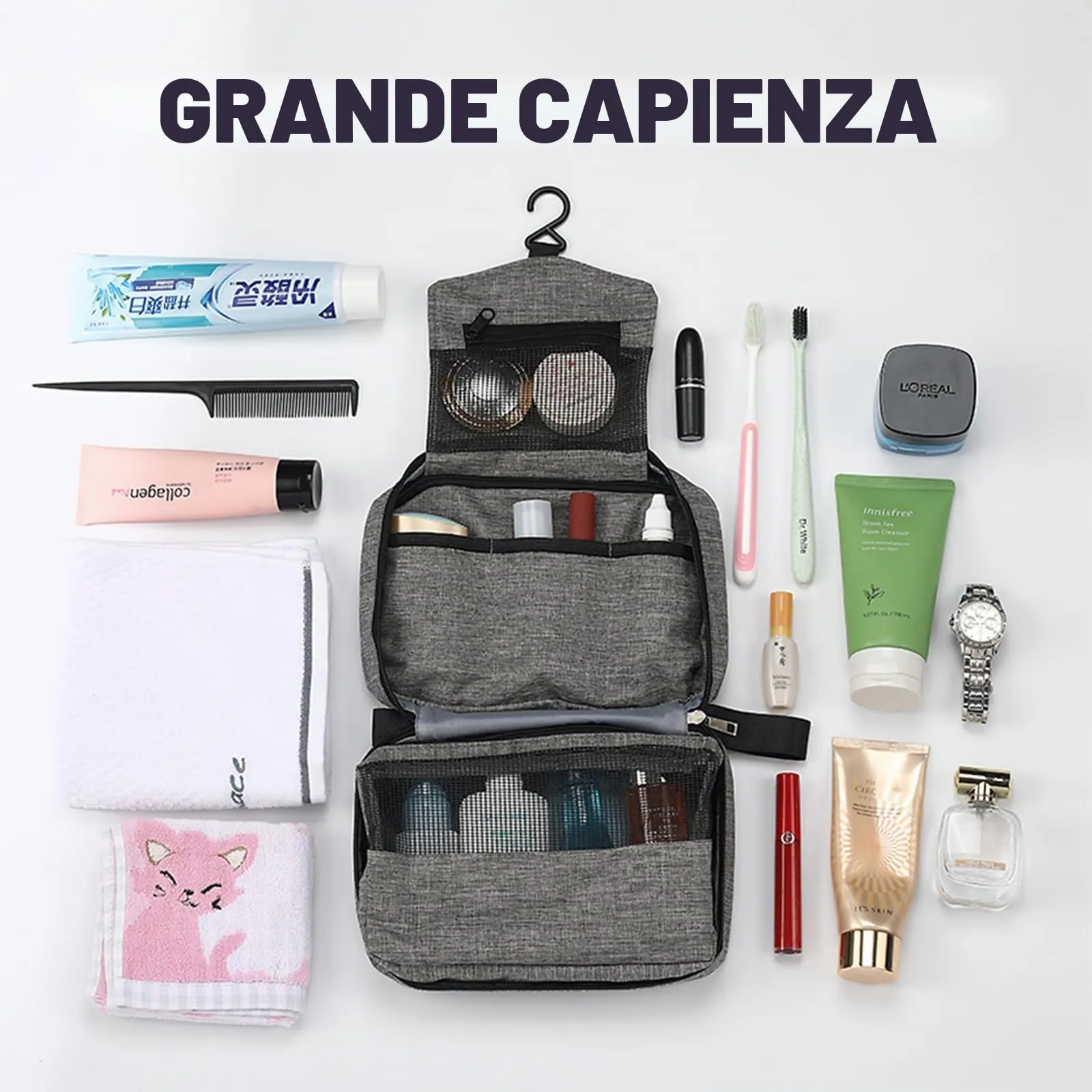 Aucuu Beauty Case da Viaggio Appendere, Borsa da Toilette per Donna Uomo, Impermeabile Trousse Trucchi, Beauty Case per Organizzare Cosmetici Oggetti Personali - immagine 3