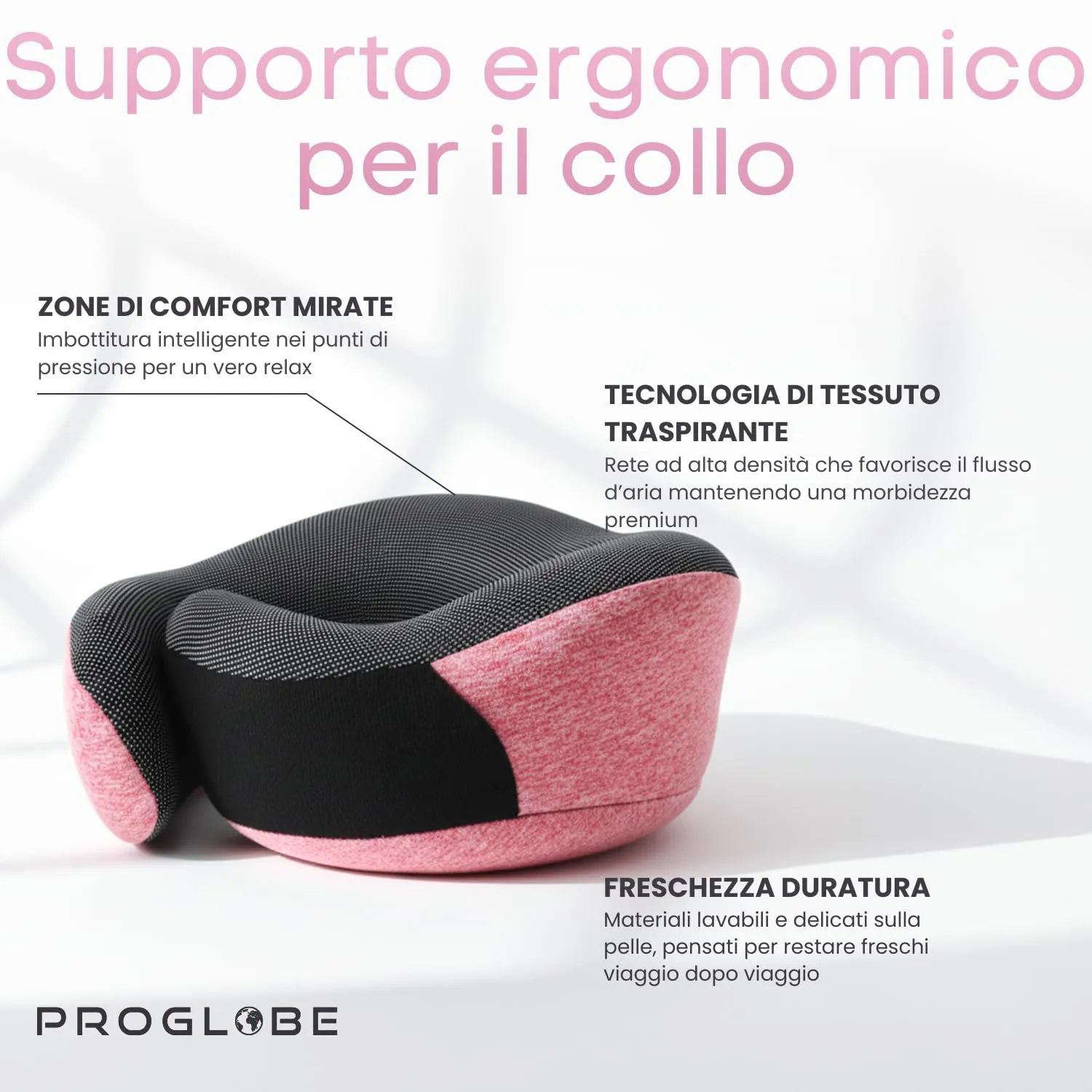 Proglobe Set Cuscino Cervicale da Viaggio in Memory Foam, Rosa - immagine 3