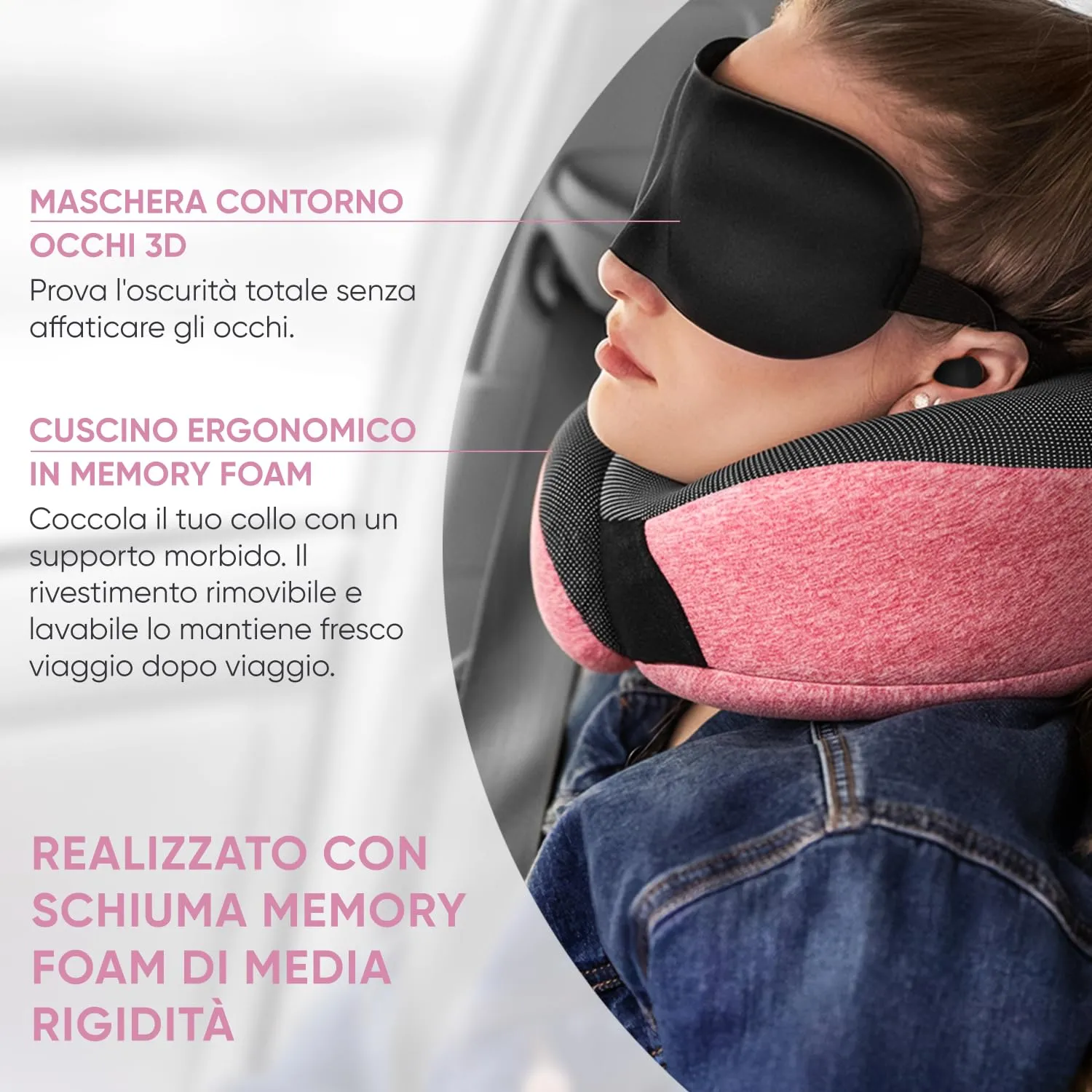 Proglobe Set Cuscino Cervicale da Viaggio in Memory Foam, Rosa - immagine 4