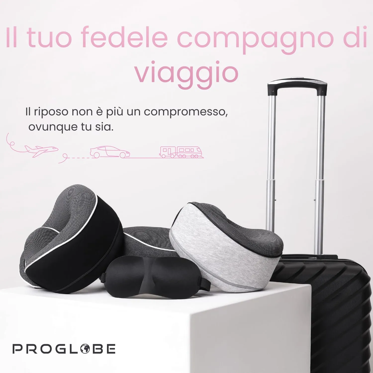 Proglobe Set Cuscino Cervicale da Viaggio in Memory Foam, Rosa - immagine 7