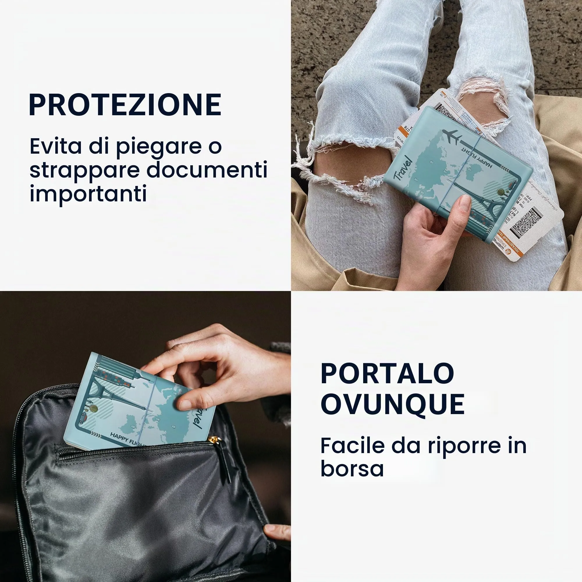 kwmobile Custodia per Passaporto - Porta Passaporto con Chiusura di Sicurezza ad Elastico - Protezione per Documenti - marrone/grigio/blu chiaro - immagine 4