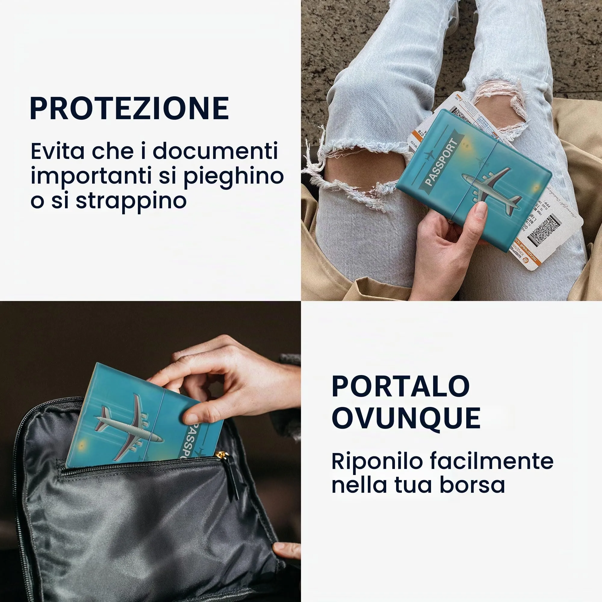 kwmobile Custodia per Passaporto - Porta Passaporto con Chiusura di Sicurezza ad Elastico - Protezione per Documenti - grigio/bianco/blu marino - immagine 4