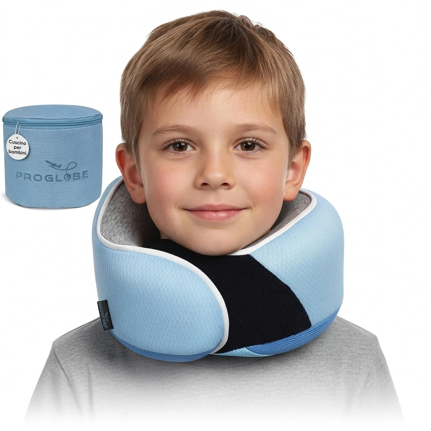 Proglobe Junior Cuscino cervicale da viaggio per bambini - Supporto ergonomico in memory foam per auto, aereo e pullman - Cuscino lavabile, morbido, leggero con cinghia - Ideale per bambini dai 4 ai - immagine 1