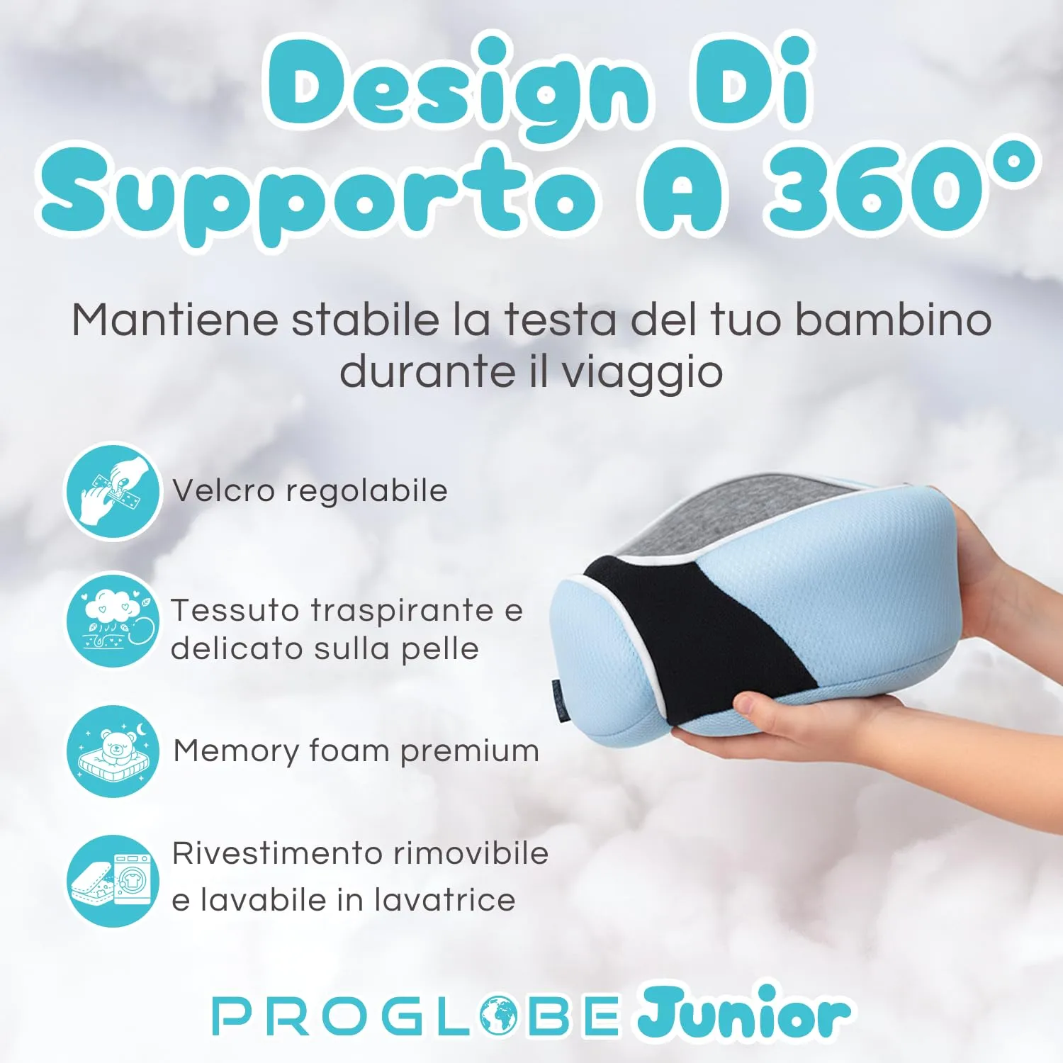 Proglobe Junior Cuscino cervicale da viaggio per bambini - Supporto ergonomico in memory foam per auto, aereo e pullman - Cuscino lavabile, morbido, leggero con cinghia - Ideale per bambini dai 4 ai - immagine 3