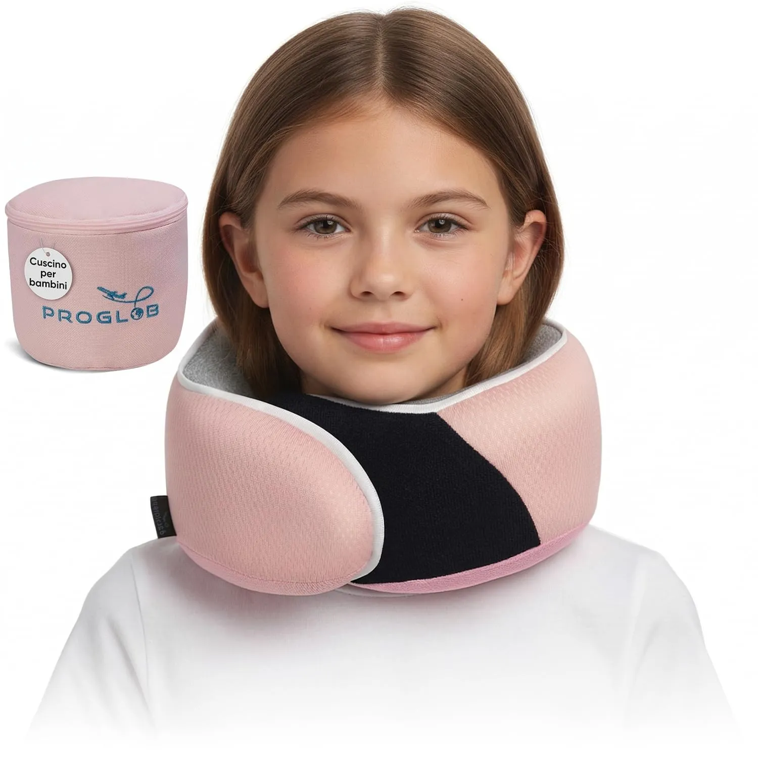 Proglobe Cuscino cervicale da viaggio per bambini, in memory foam, rosa chiaro, età 4-12 anni - immagine 1