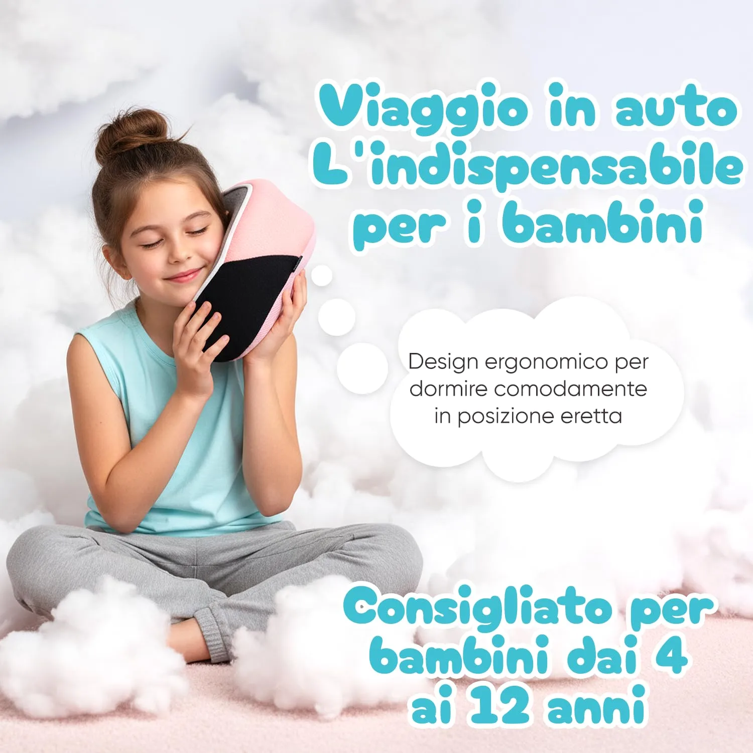 Proglobe Cuscino cervicale da viaggio per bambini, in memory foam, rosa chiaro, età 4-12 anni - immagine 2