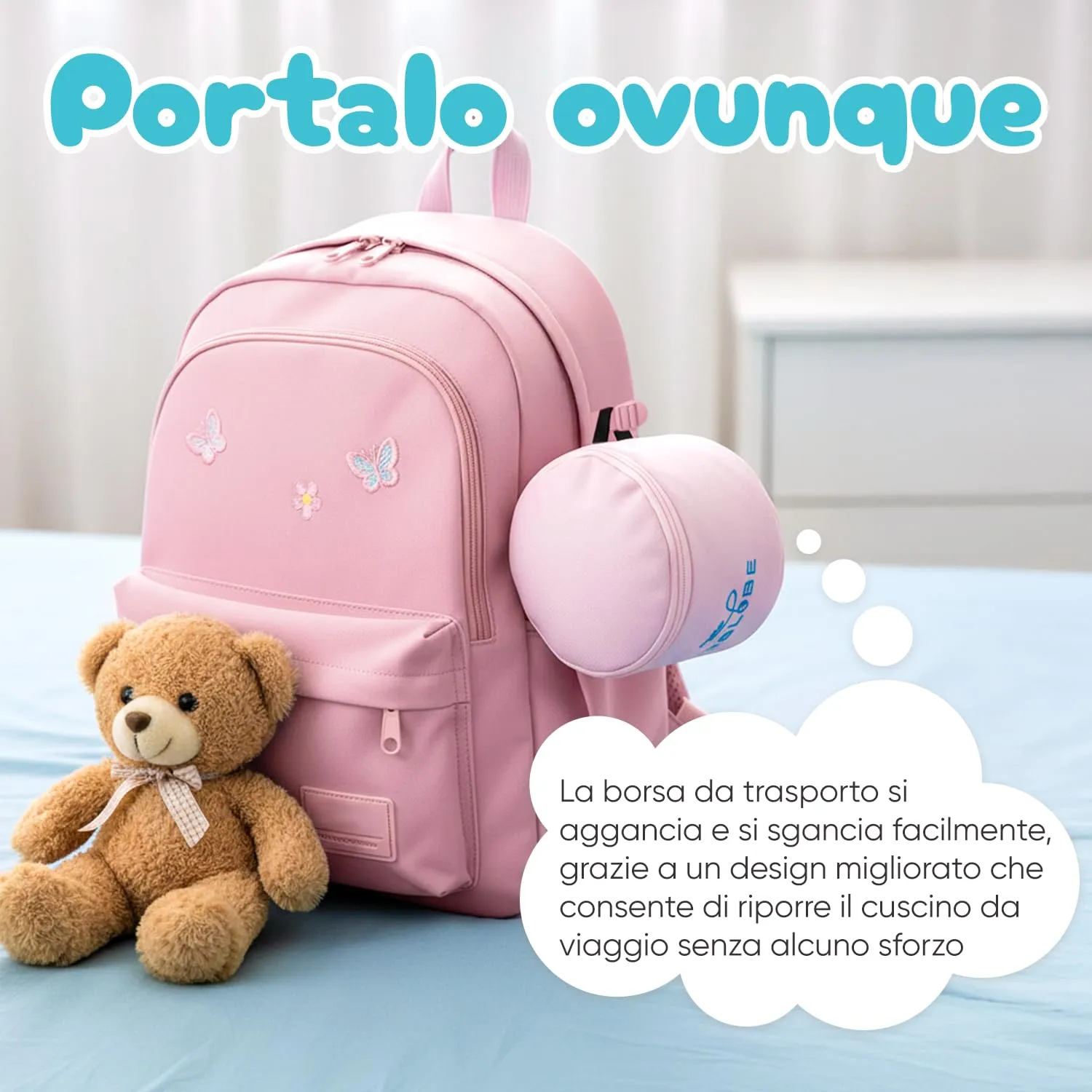 Proglobe Cuscino cervicale da viaggio per bambini, in memory foam, rosa chiaro, età 4-12 anni - immagine 7