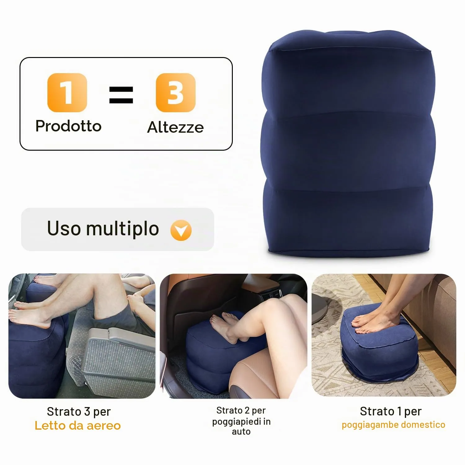 Maliton Poggiapiedi, poggiapiedi gonfiabile per aereo, cuscino da viaggio per bambini, altezza regolabile, poggiagambe per auto, treno, ufficio, pieghevole e portatile da viaggio (Blu Scuro, 1 pezzo) - immagine 3