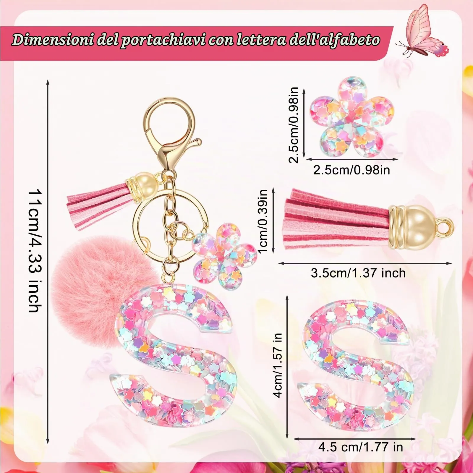 JSRQT Portachiavi con Iniziale A Rosa per Donne Ragazze, Nome Portachiavi Lettere dell'alfabeto in Resina a Fiore con Ciondoli a Pompon, Carino Ciondolo alla Moda Key Chain per Borse e Zaini - immagine 3
