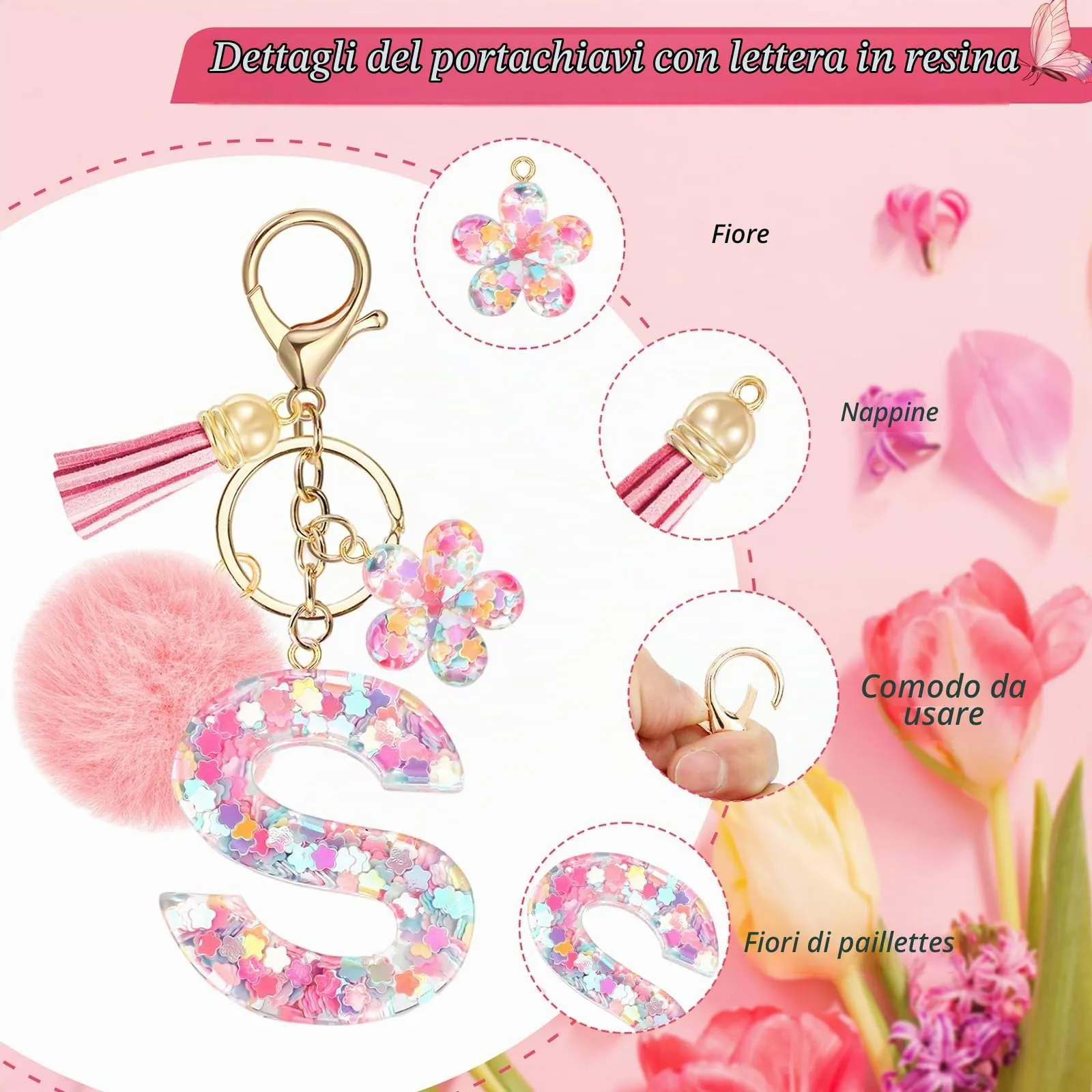 JSRQT Portachiavi con Iniziale A Rosa per Donne Ragazze, Nome Portachiavi Lettere dell'alfabeto in Resina a Fiore con Ciondoli a Pompon, Carino Ciondolo alla Moda Key Chain per Borse e Zaini - immagine 4