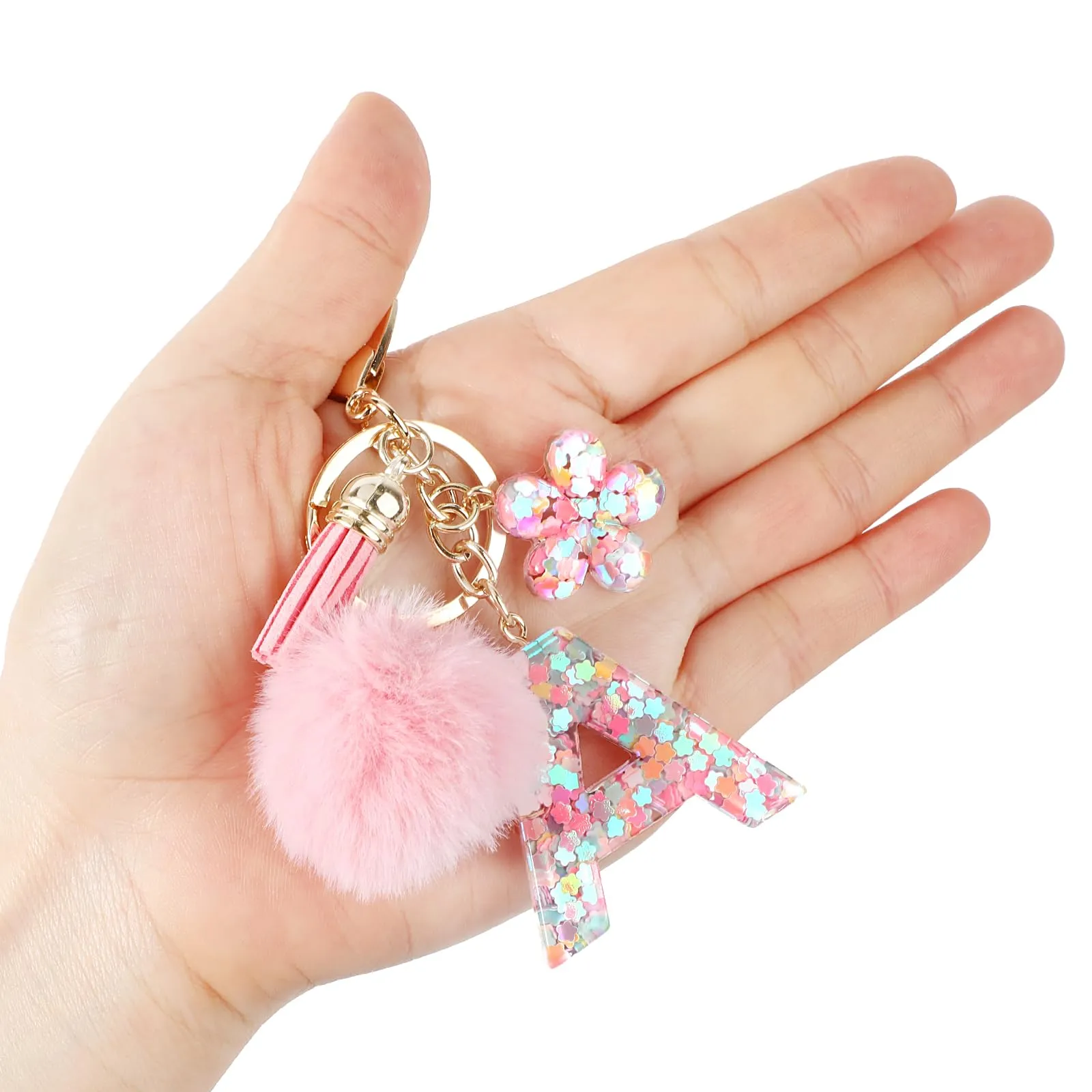 JSRQT Portachiavi con Iniziale A Rosa per Donne Ragazze, Nome Portachiavi Lettere dell'alfabeto in Resina a Fiore con Ciondoli a Pompon, Carino Ciondolo alla Moda Key Chain per Borse e Zaini - immagine 7