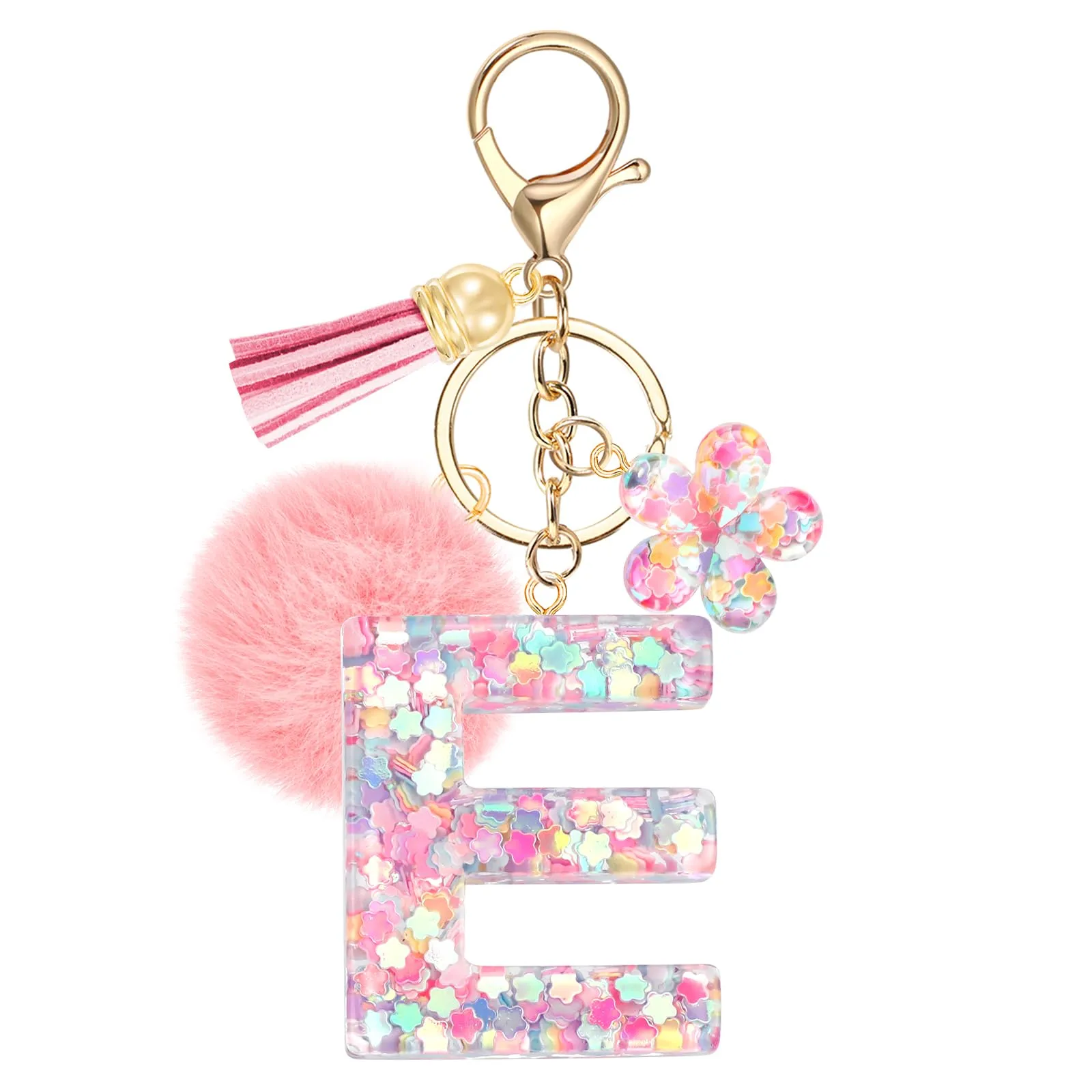 JSRQT Portachiavi con Iniziale E Rosa per Donne Ragazze, Nome Portachiavi Lettere dell'alfabeto in Resina a Fiore con Ciondoli a Pompon, Carino Ciondolo alla Moda Key Chain per Borse e Zaini - immagine 1