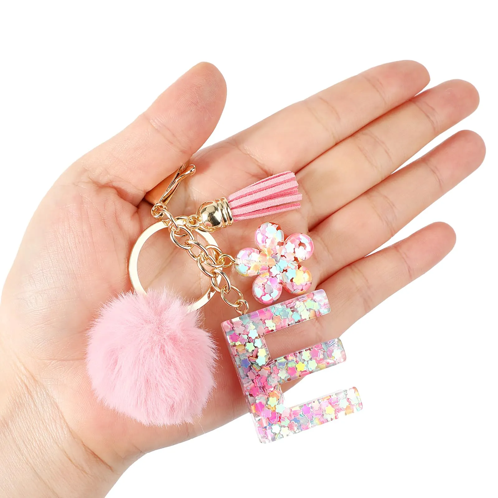 JSRQT Portachiavi con Iniziale E Rosa per Donne Ragazze, Nome Portachiavi Lettere dell'alfabeto in Resina a Fiore con Ciondoli a Pompon, Carino Ciondolo alla Moda Key Chain per Borse e Zaini - immagine 7