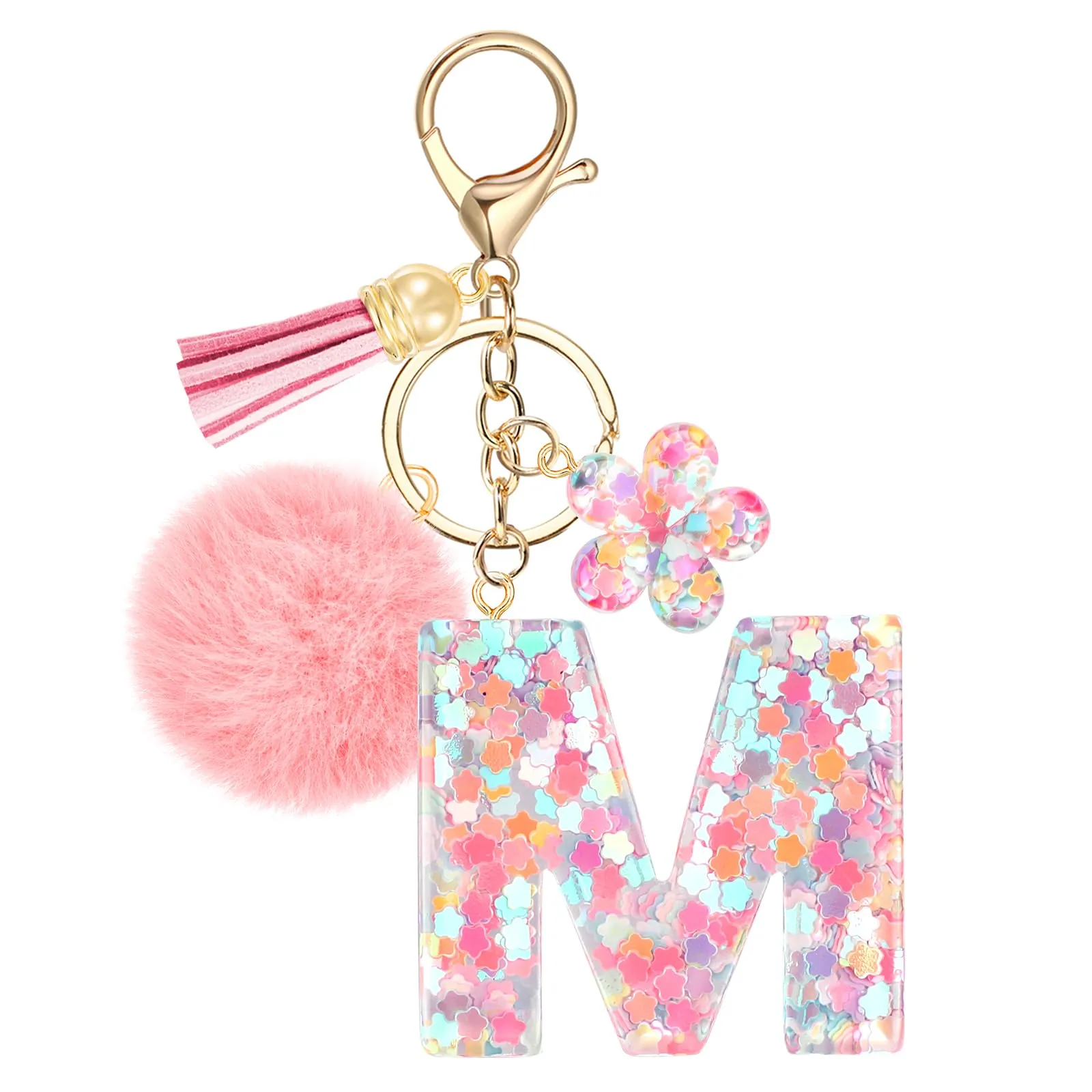 JSRQT Portachiavi con Iniziale M Rosa per Donne Ragazze, Nome Portachiavi Lettere dell'alfabeto in Resina a Fiore con Ciondoli a Pompon, Carino Ciondolo alla Moda Key Chain per Borse e Zaini - immagine 1