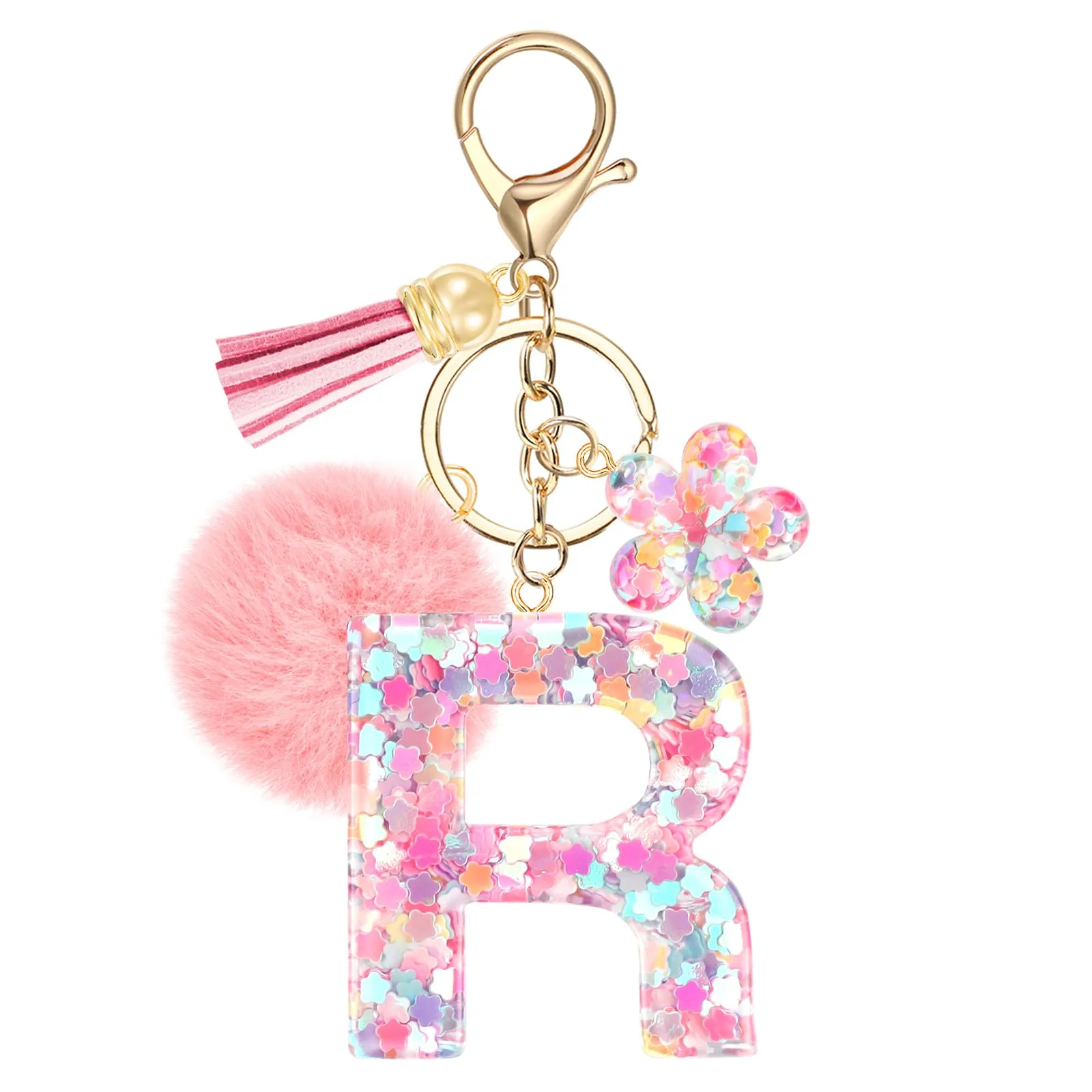 JSRQT Portachiavi con Iniziale R Rosa per Donne Ragazze, Nome Portachiavi Lettere dell'alfabeto in Resina a Fiore con Ciondoli a Pompon, Carino Ciondolo alla Moda Key Chain per Borse e Zaini - immagine 7