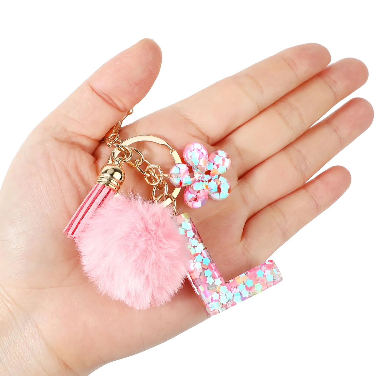JSRQT Portachiavi con Iniziale L Rosa per Donne Ragazze, Nome Portachiavi Lettere dell'alfabeto in Resina a Fiore con Ciondoli a Pompon, Carino Ciondolo alla Moda Key Chain per Borse e Zaini - immagine 7