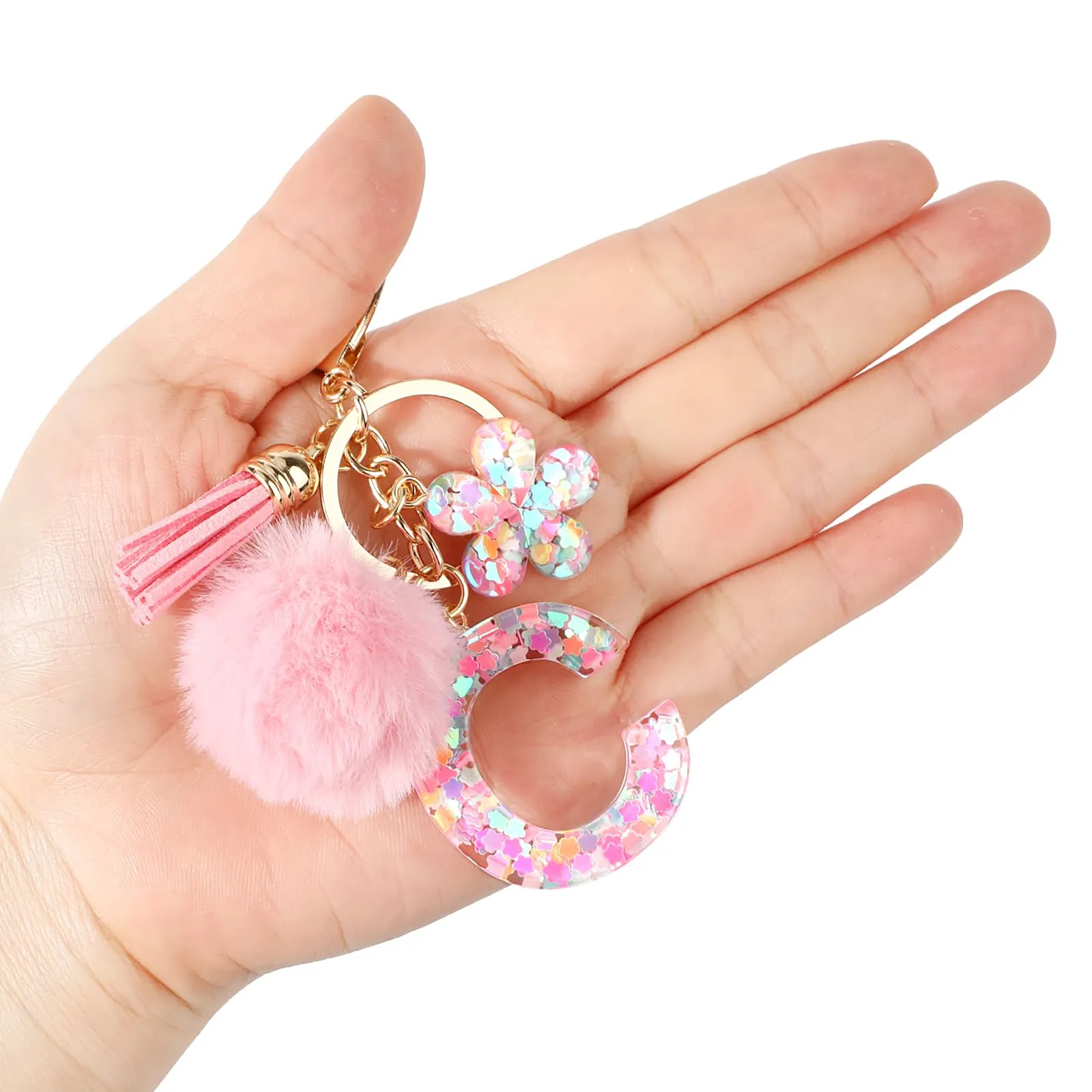 JSRQT Portachiavi con Iniziale C Rosa per Donne Ragazze, Nome Portachiavi Lettere dell'alfabeto in Resina a Fiore con Ciondoli a Pompon, Carino Ciondolo alla Moda Key Chain per Borse e Zaini - immagine 7