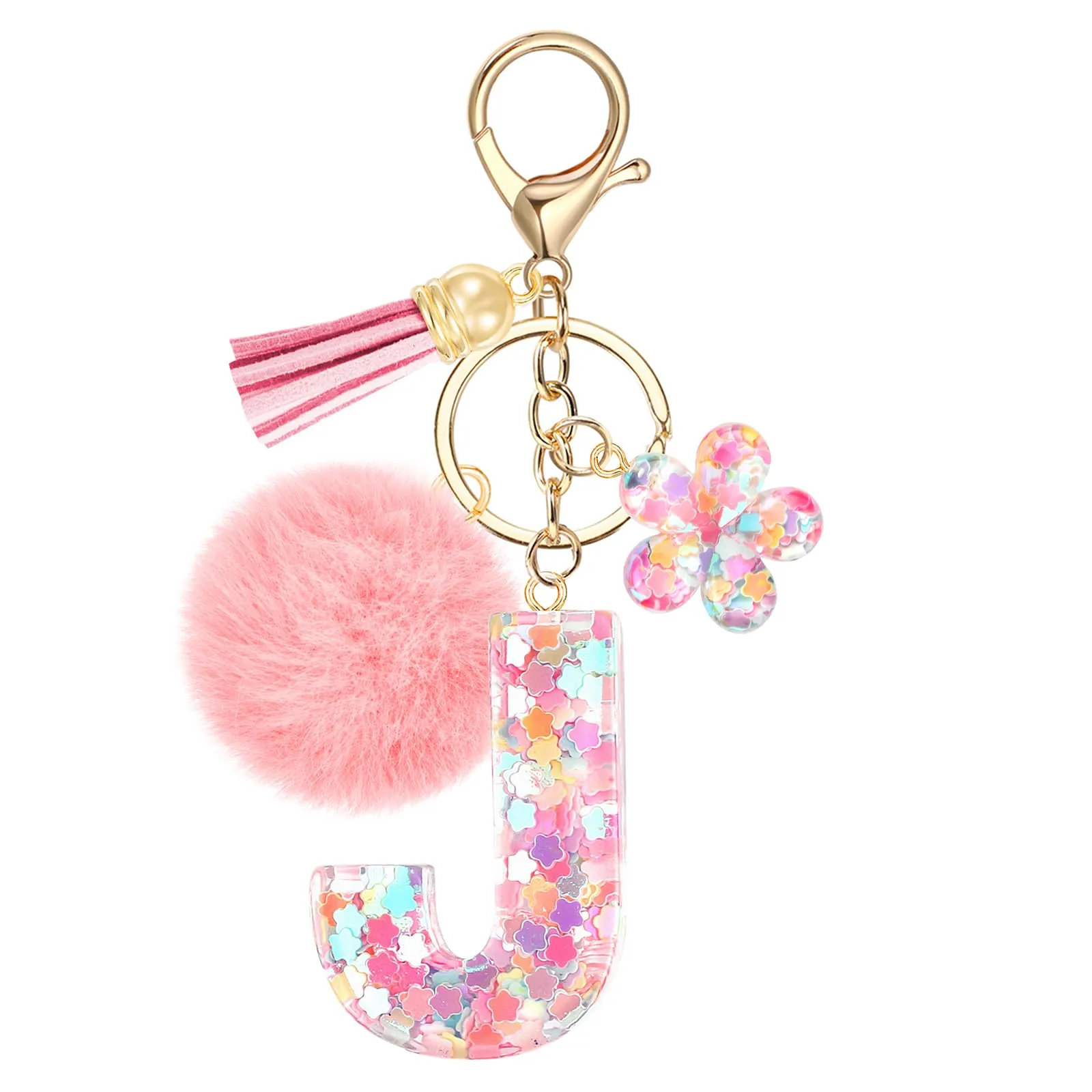 JSRQT Portachiavi con Iniziale J Rosa per Donne Ragazze, Nome Portachiavi Lettere dell'alfabeto in Resina a Fiore con Ciondoli a Pompon, Carino Ciondolo alla Moda Key Chain per Borse e Zaini - immagine 1