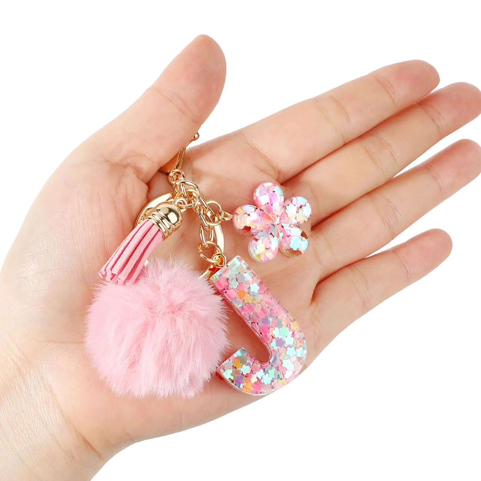 JSRQT Portachiavi con Iniziale J Rosa per Donne Ragazze, Nome Portachiavi Lettere dell'alfabeto in Resina a Fiore con Ciondoli a Pompon, Carino Ciondolo alla Moda Key Chain per Borse e Zaini - immagine 7