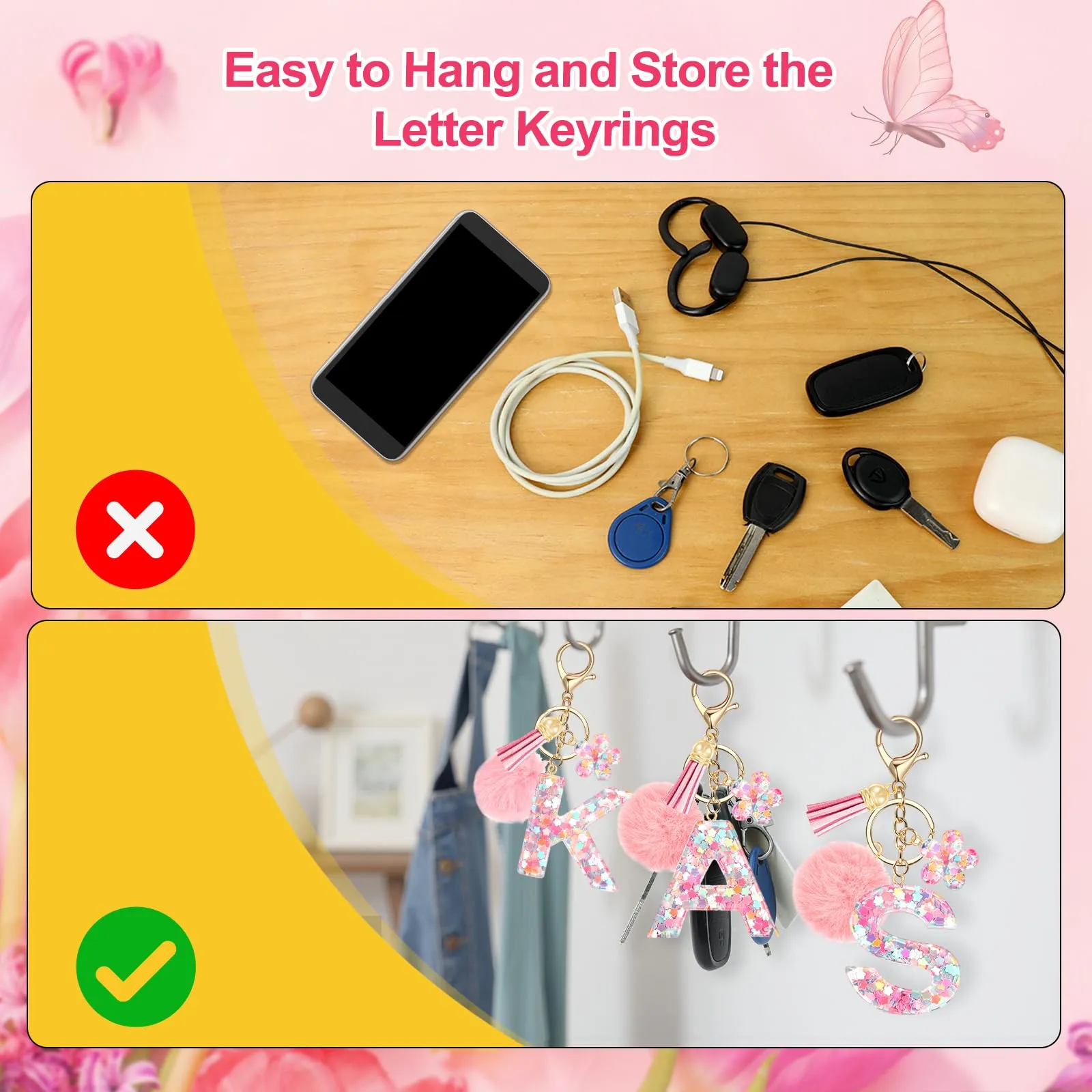 JSRQT Portachiavi con Iniziale O Rosa per Donne Ragazze, Nome Portachiavi Lettere dell'alfabeto in Resina a Fiore con Ciondoli a Pompon, Carino Ciondolo alla Moda Key Chain per Borse e Zaini - immagine 5